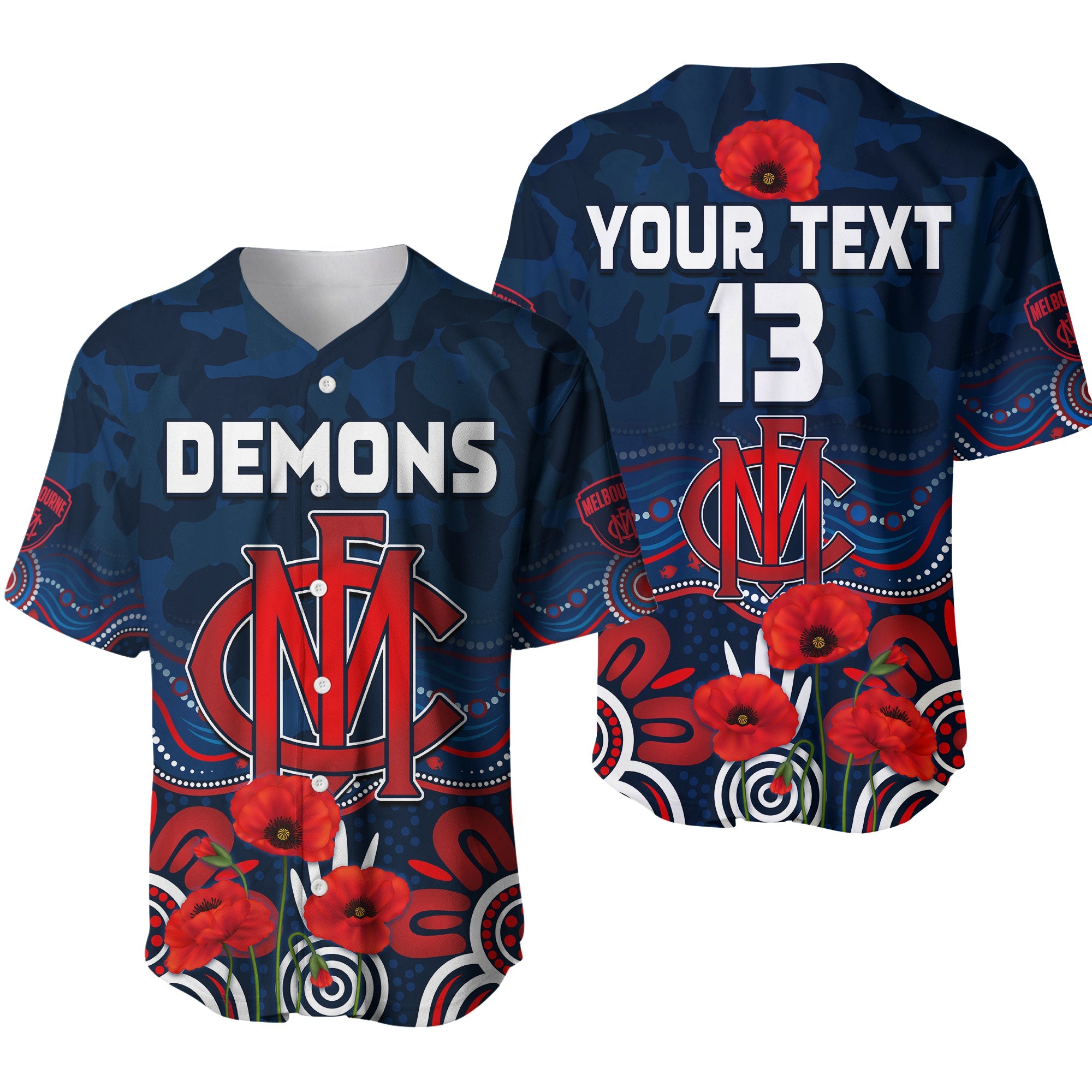 (Custom Text and Number) Demons Anzac 2022 Baseball Jersey Melbourne Football Aboriginal Poppy LT13