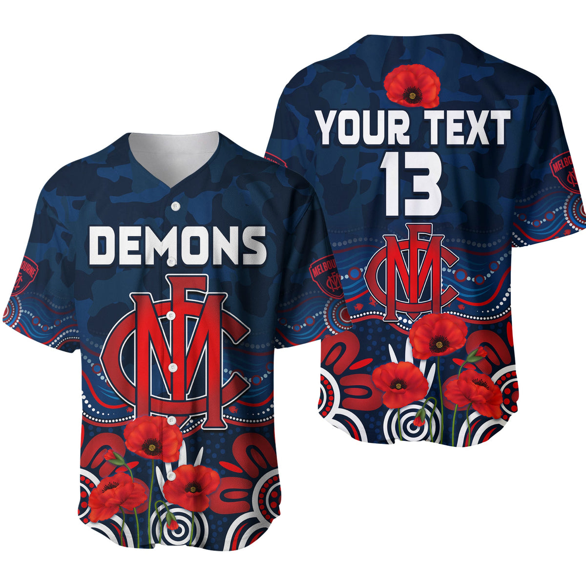 (Custom Text and Number) Demons Anzac 2022 Baseball Jersey Melbourne Football Aboriginal Poppy LT13