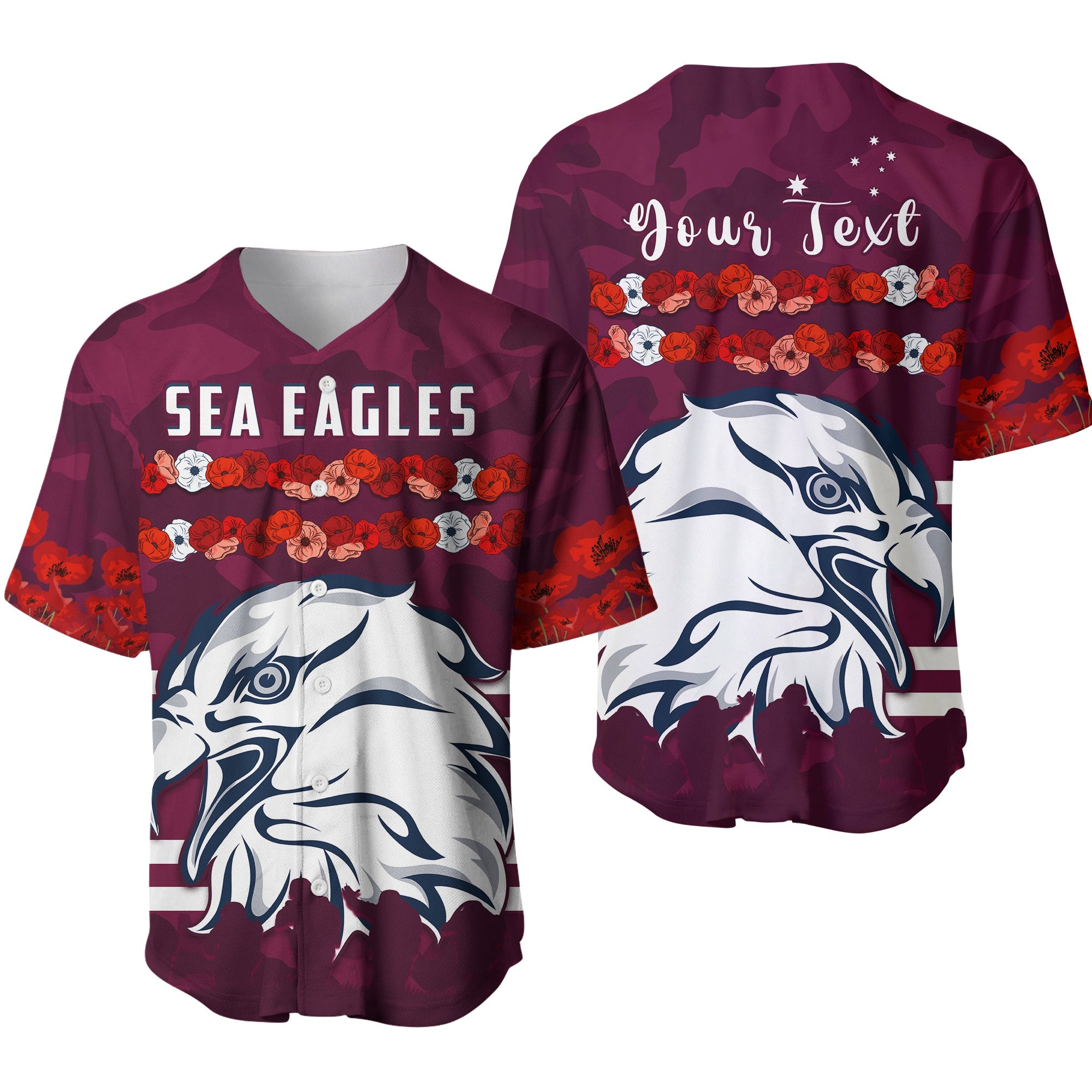 (Custom Personalised) Sea Eagles Anzac Day Baseball Jersey Poppy Lest We Forget LT13