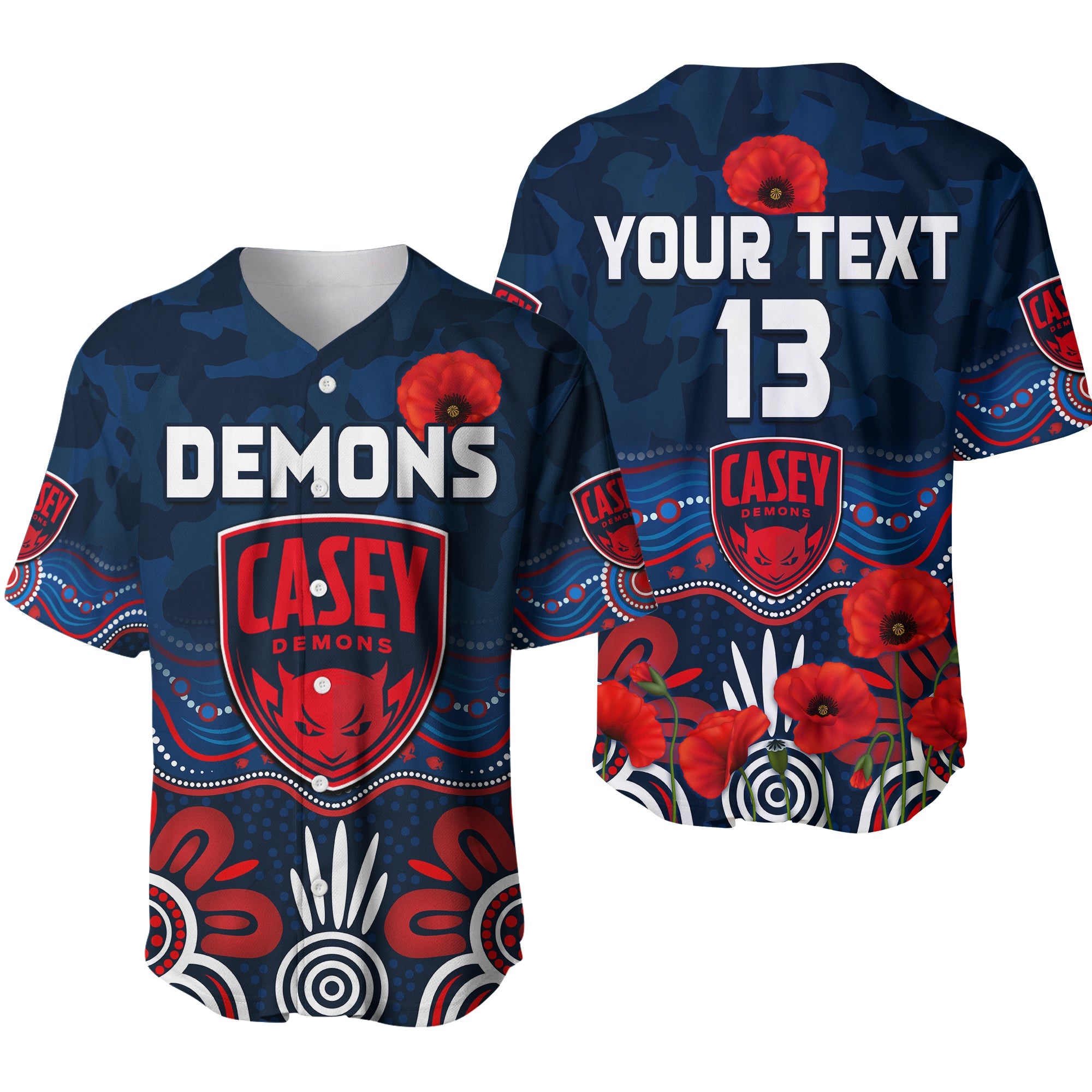 (Custom Text and Number) Demons Anzac 2022 Baseball Jersey Casey Football Aboriginal Poppy LT13