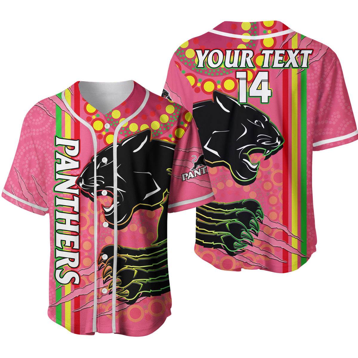 (Custom Text And Number) Panthers Rugby Baseball Jersey The Mountain Men Aboriginal Art Dynamic Pink Version 2 LT14