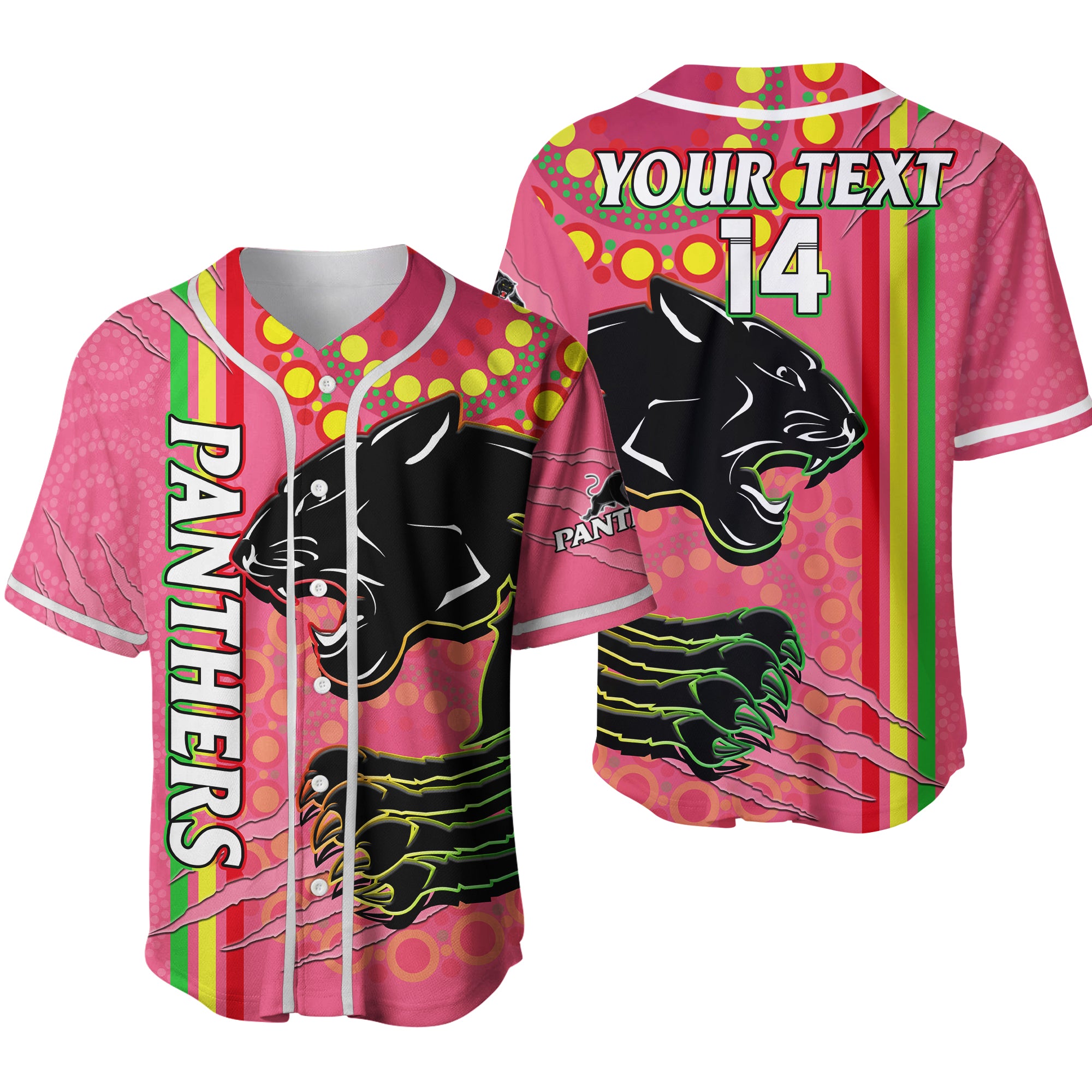 (Custom Text And Number) Panthers Rugby Baseball Jersey The Mountain Men Aboriginal Art Dynamic Pink Version 2 LT14