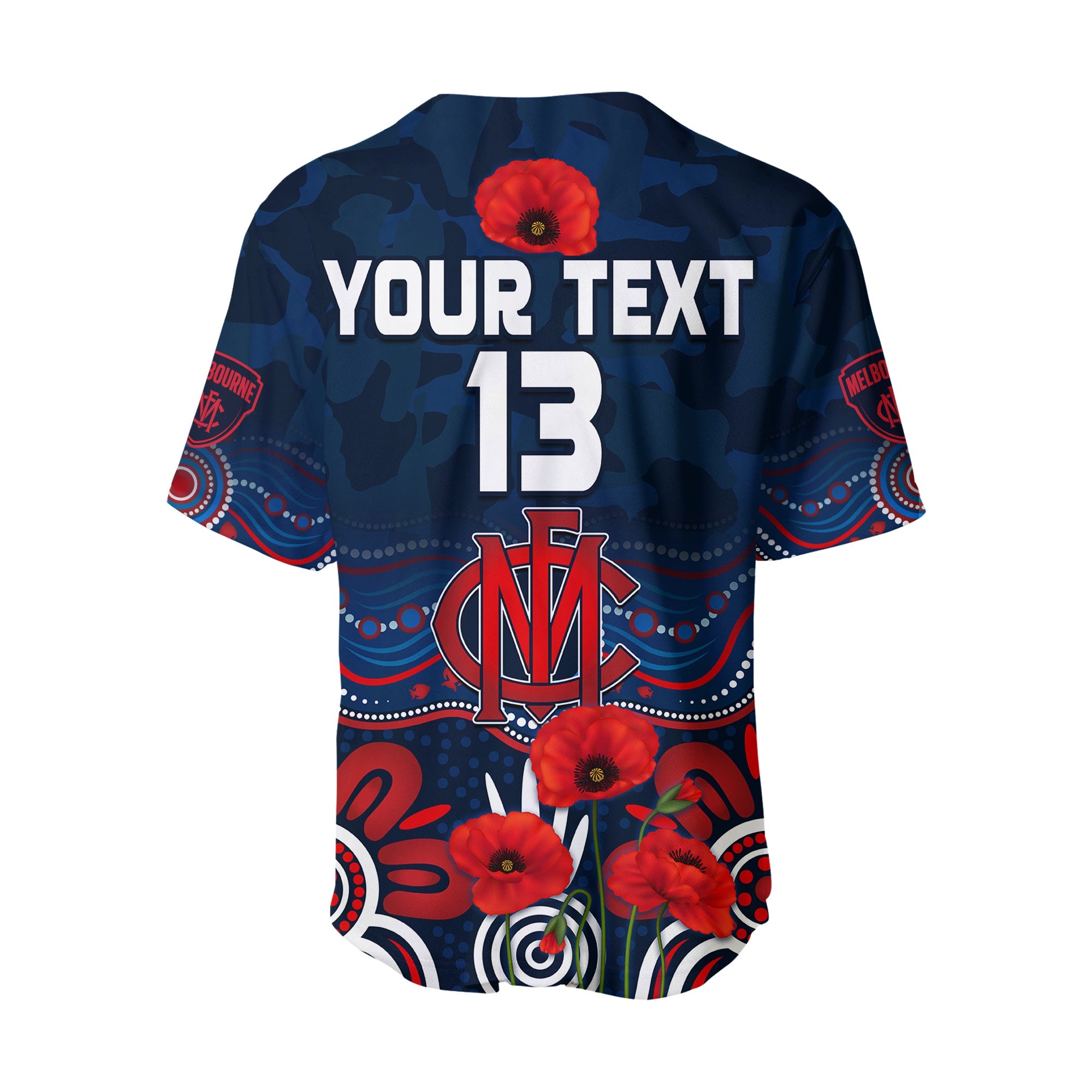 (Custom Text and Number) Demons Anzac 2022 Baseball Jersey Melbourne Football Aboriginal Poppy LT13