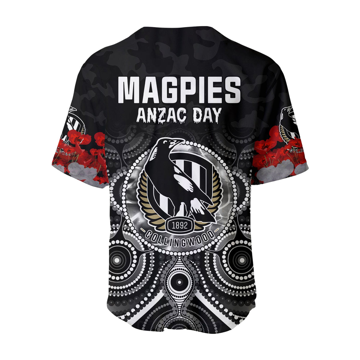 (Custom Personalised) Magpies Anzac 2022 Baseball Jersey Collingwood Football Aboriginal Poppy Flowers LT13