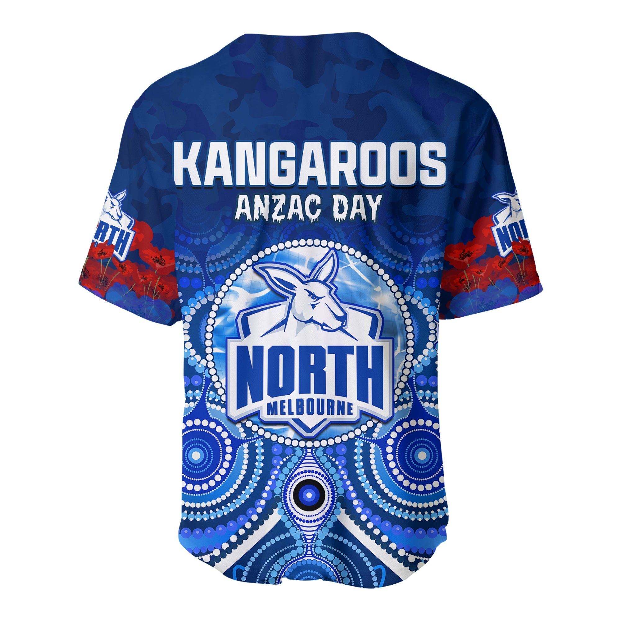 Kangaroos Anzac 2022 Baseball Jersey North Melbourne Football Aboriginal Poppy Flowers LT13