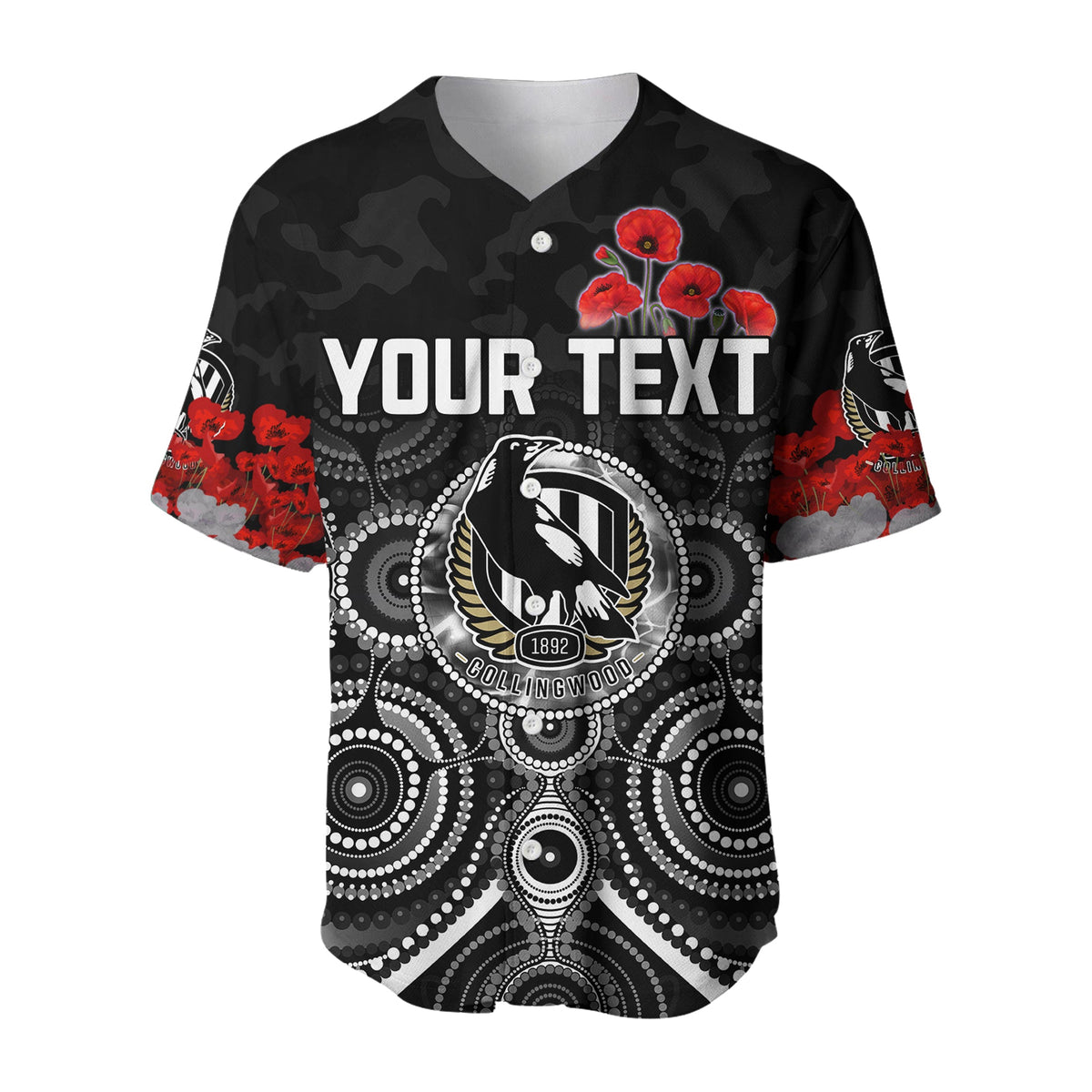 (Custom Personalised) Magpies Anzac 2022 Baseball Jersey Collingwood Football Aboriginal Poppy Flowers LT13