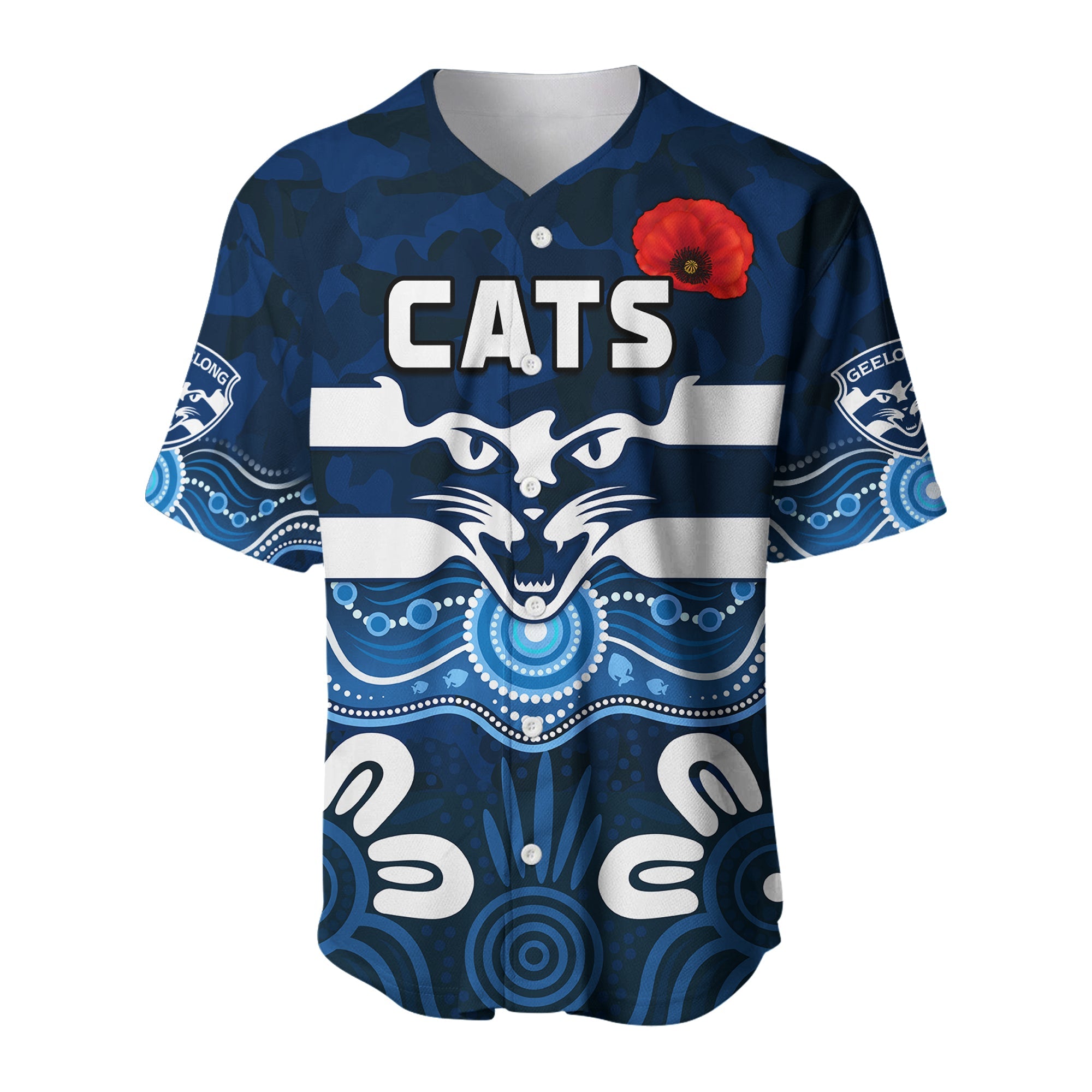 (Custom Text and Number) Cats Anzac 2022 Baseball Jersey Geelong Football Aboriginal Poppy LT13