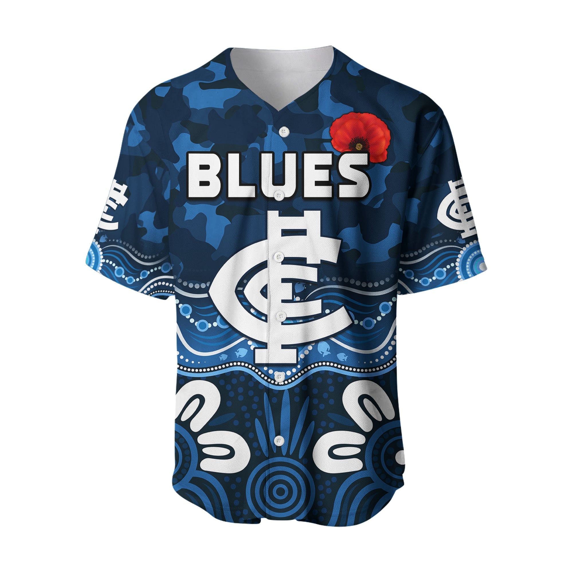 (Custom Text and Number) Blues Anzac 2022 Baseball Jersey Carlton Football Aboriginal Poppy LT13