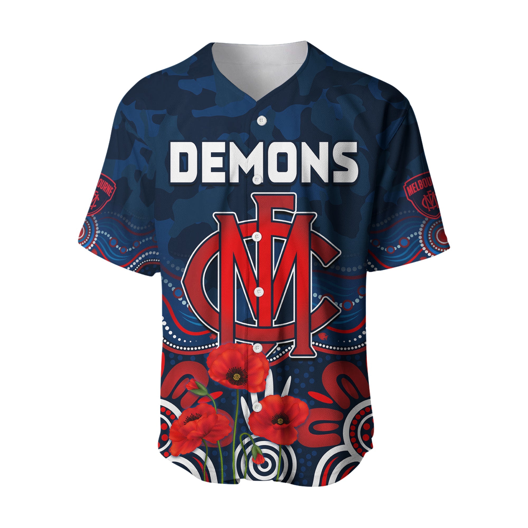 (Custom Text and Number) Demons Anzac 2022 Baseball Jersey Melbourne Football Aboriginal Poppy LT13