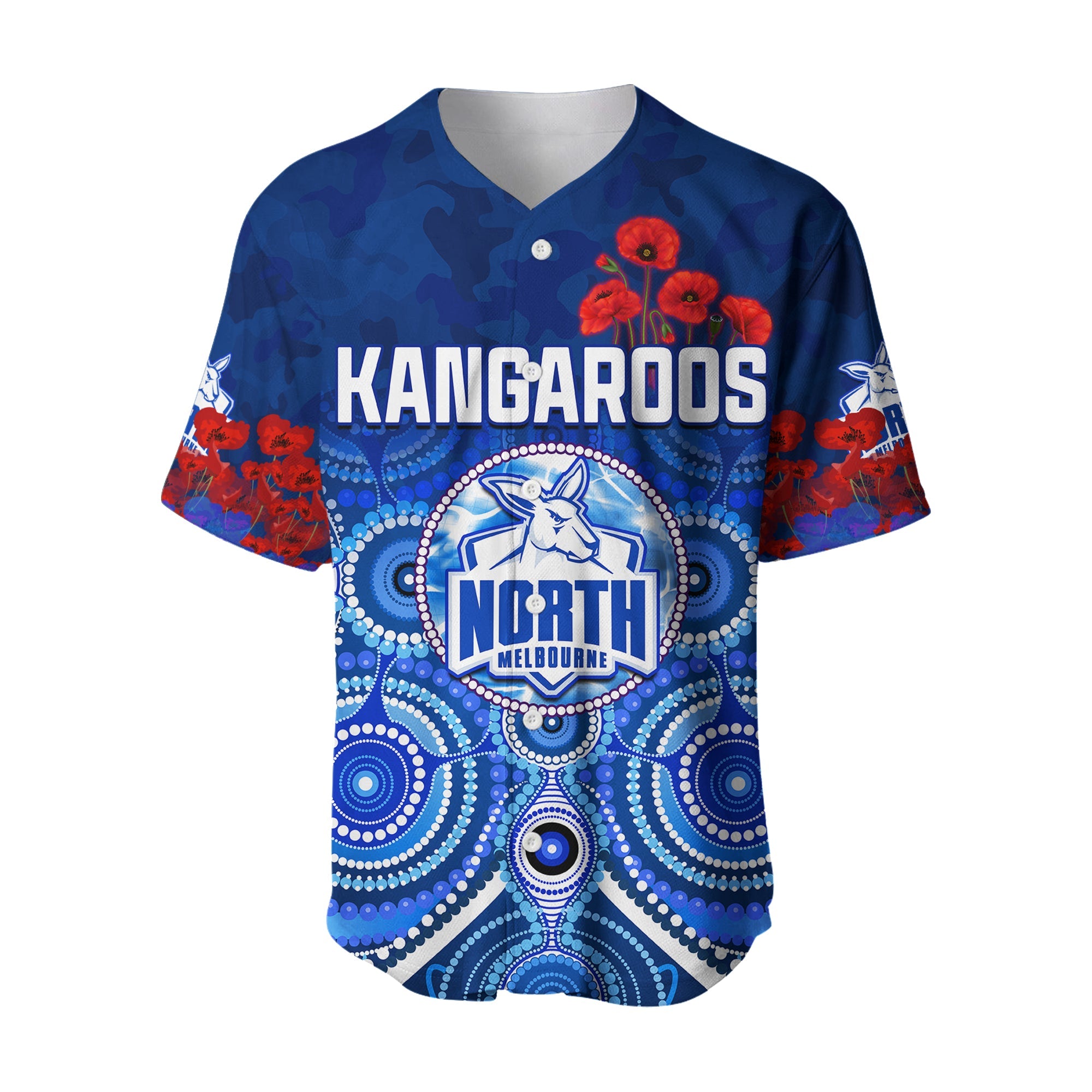 Kangaroos Anzac 2022 Baseball Jersey North Melbourne Football Aboriginal Poppy Flowers LT13