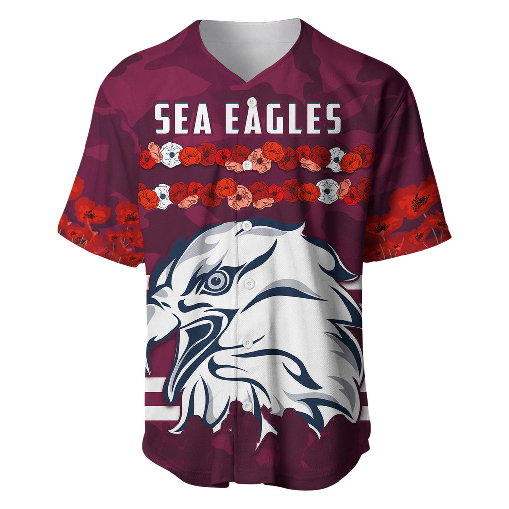 (Custom Personalised) Sea Eagles Anzac Day Baseball Jersey Poppy Lest We Forget LT13