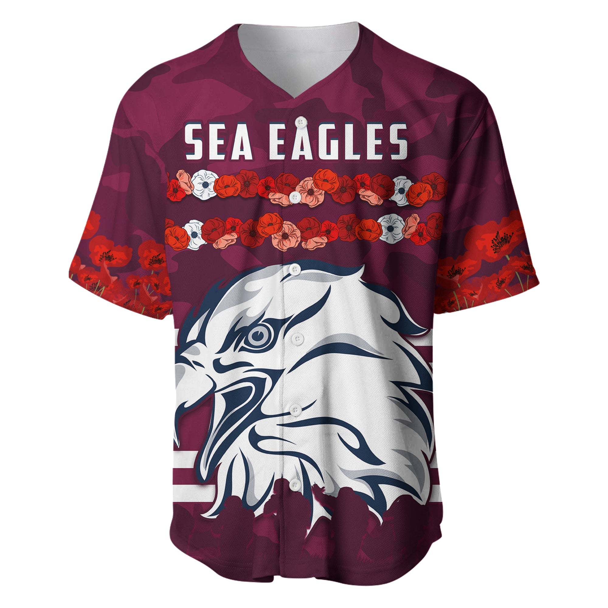 (Custom Personalised) Sea Eagles Anzac Day Baseball Jersey Poppy Lest We Forget LT13