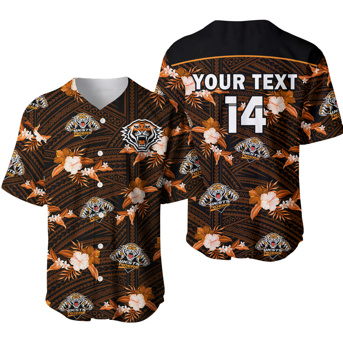 (Custom Text And Number) Wests Tigers Rugby Baseball Jersey Polynesian Tribal Mix Tropical Hawaiian Style LT14