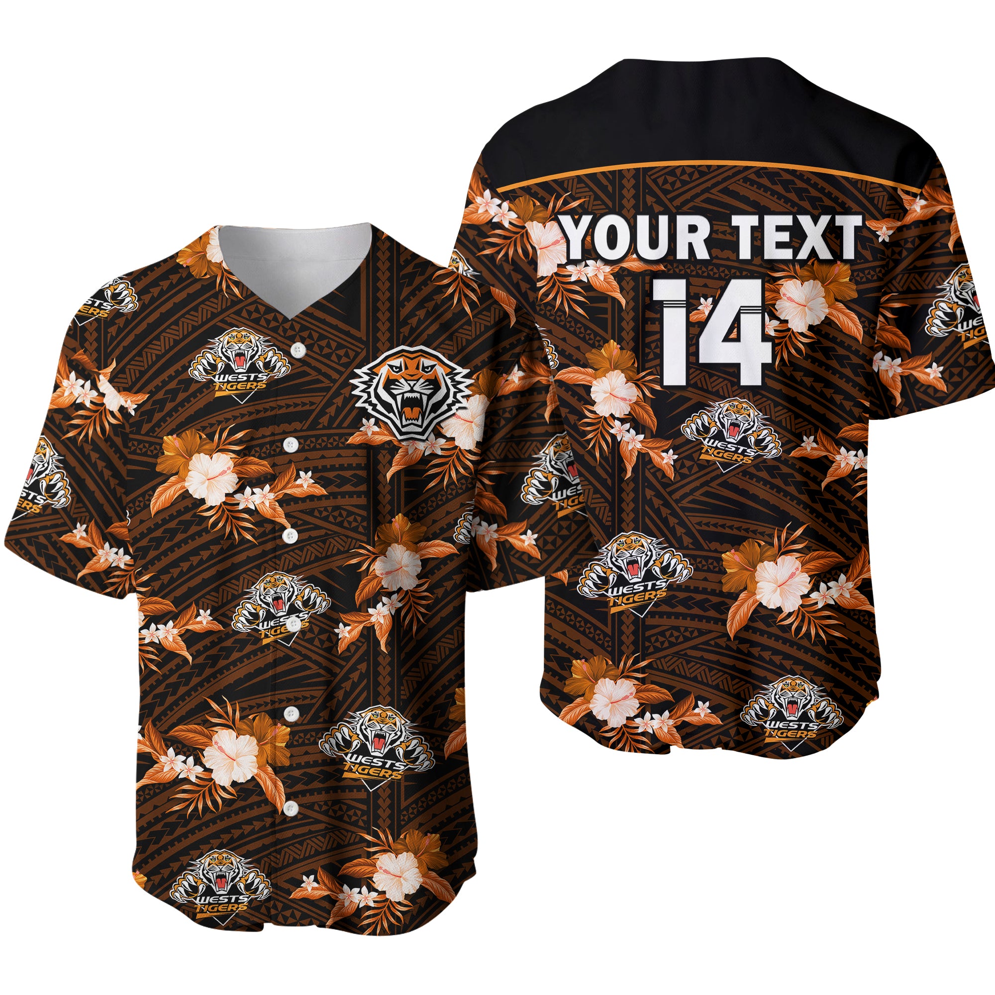 (Custom Text And Number) Wests Tigers Rugby Baseball Jersey Polynesian Tribal Mix Tropical Hawaiian Style LT14