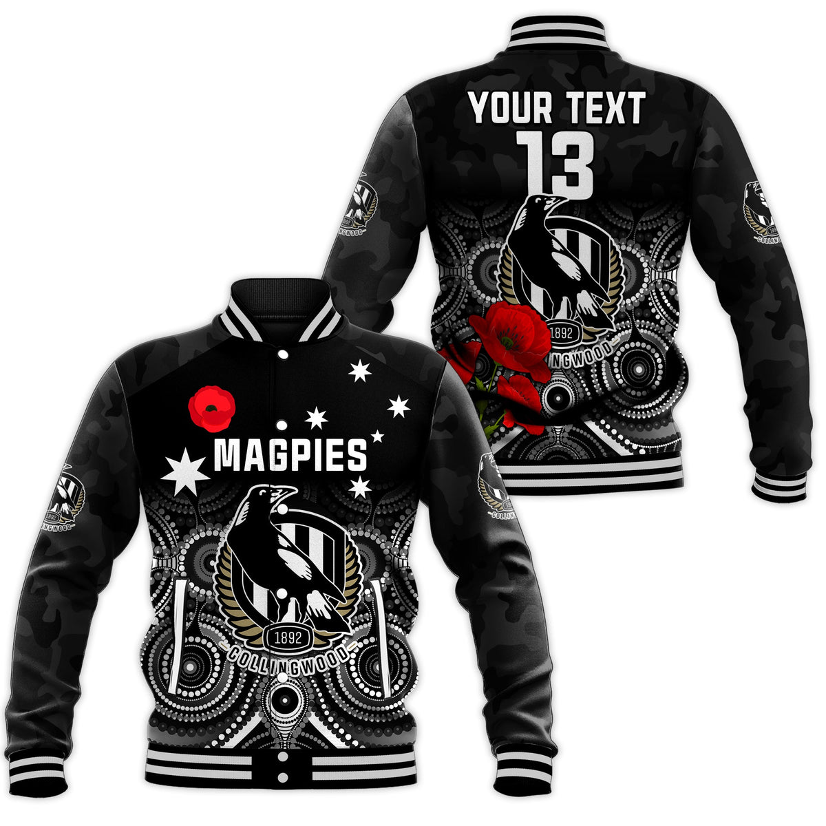 custom-text-and-number-magpies-football-anzac-day-baseball-jacket-aboriginal-poppy-flowers