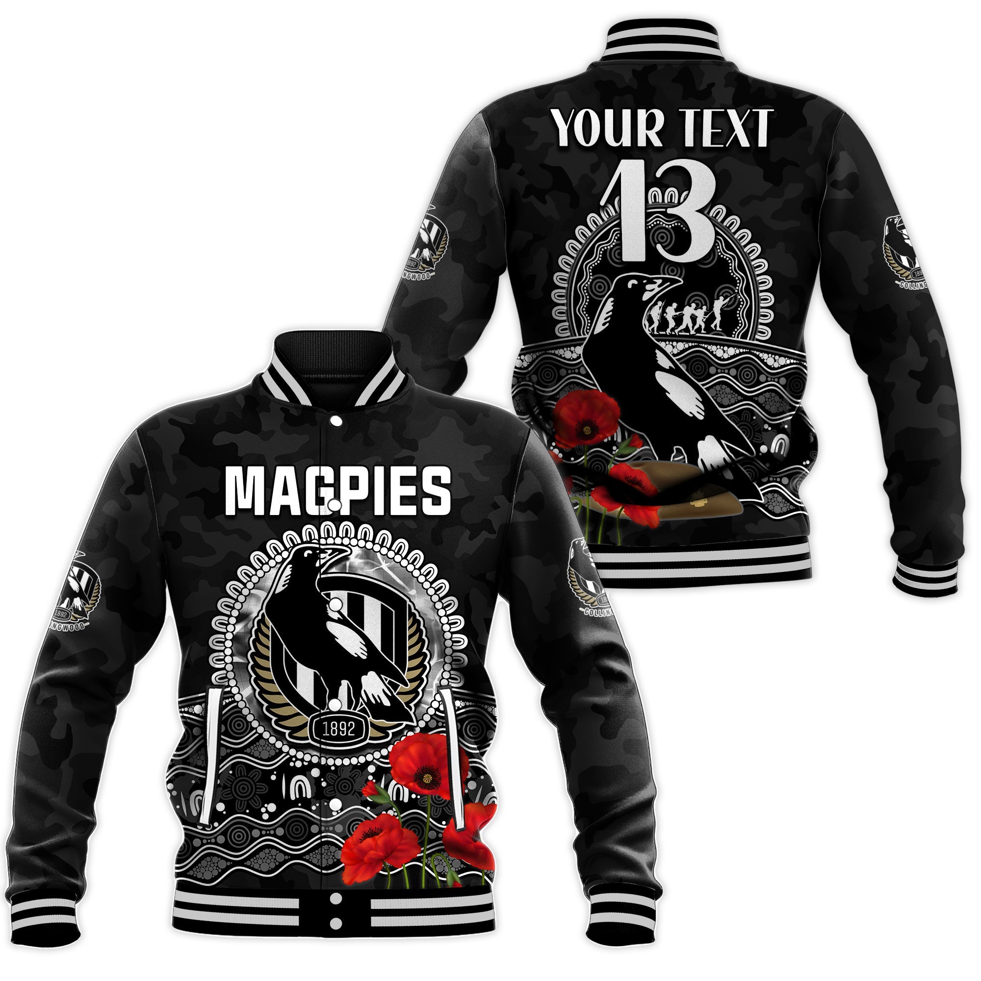 custom-text-and-number-magpies-football-anzac-day-baseball-jacket-speical-poppy-mix-aboriginal