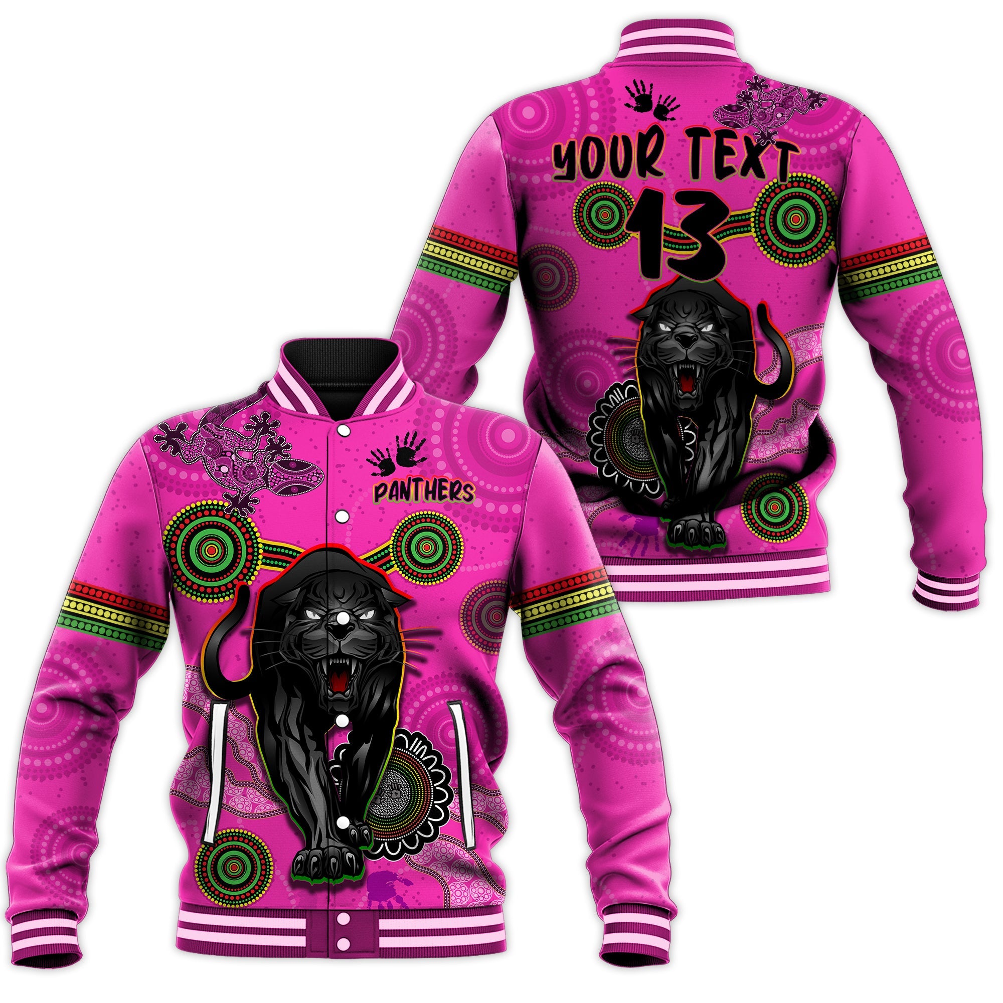 custom-text-and-number-panthers-baseball-jacket-aboriginal-with-lizard