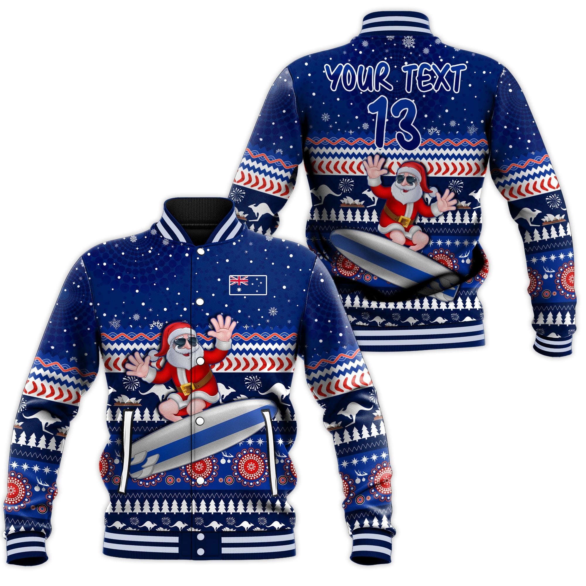 custom-text-and-number-australia-christmas-baseball-jacket-aussie-aboriginal-santa-claus-is-surfing-with-kangaroo
