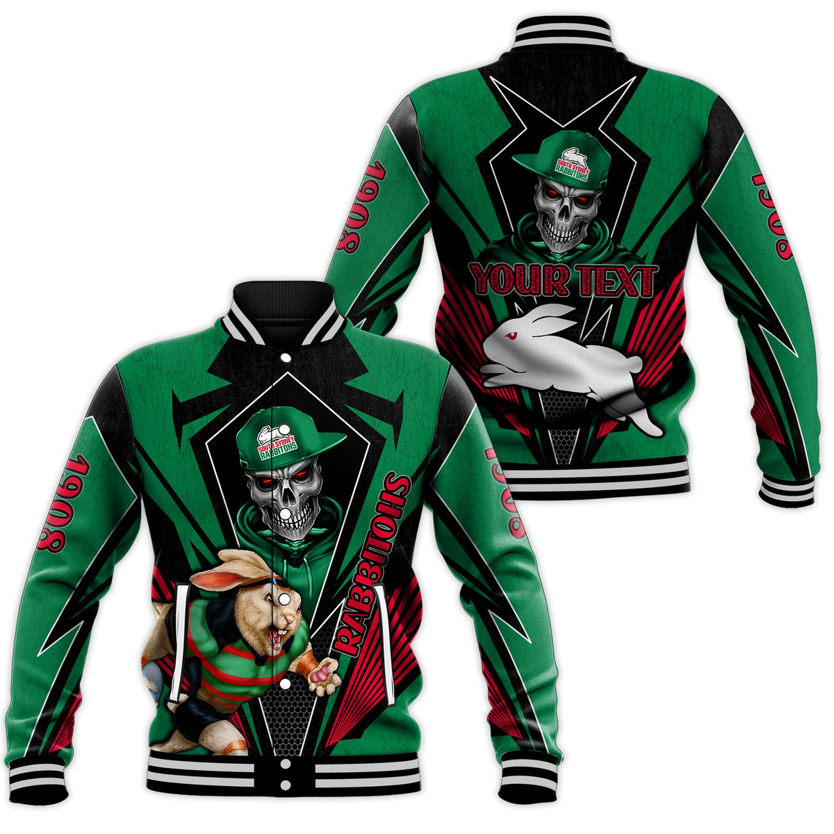 custom-personalised-rabbitohs-rugby-baseball-jacket-mascot-south-sydney-since-1908-cool-skull