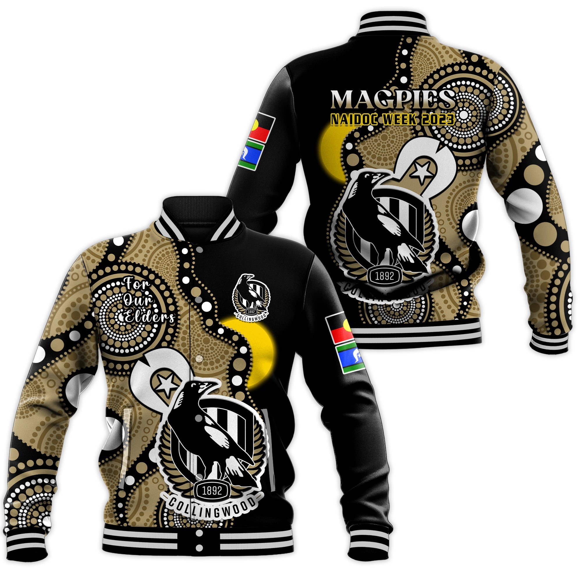 collingwood-football-naidoc-2023-baseball-jacket-magpies-for-our-elders-indigenous-art