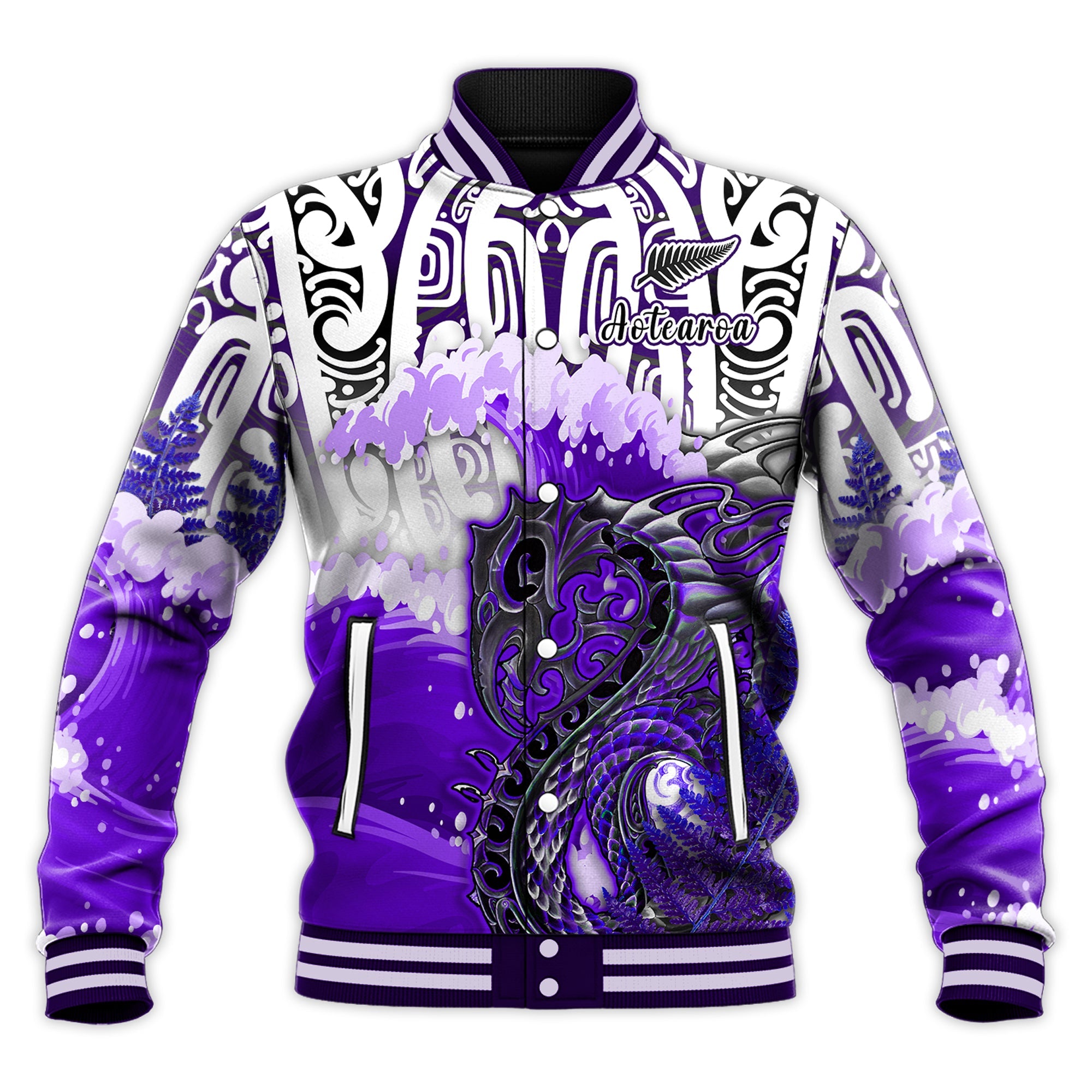 custom-personalised-manaia-maori-baseball-jacket-fern-aotearoa-purple-waves