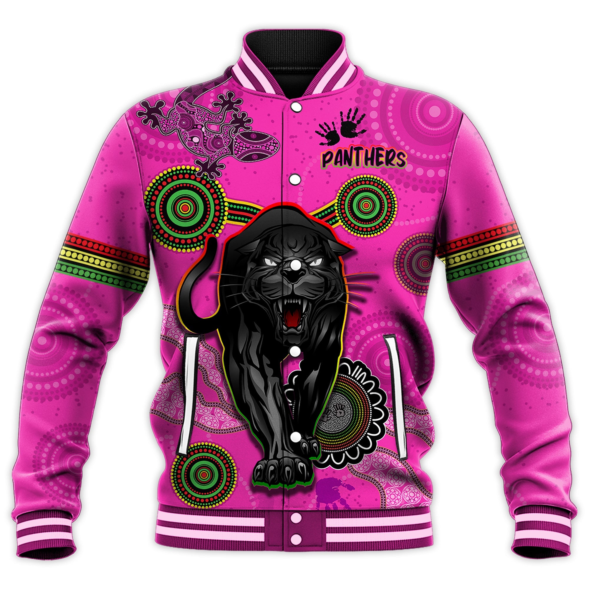 custom-text-and-number-panthers-baseball-jacket-aboriginal-with-lizard