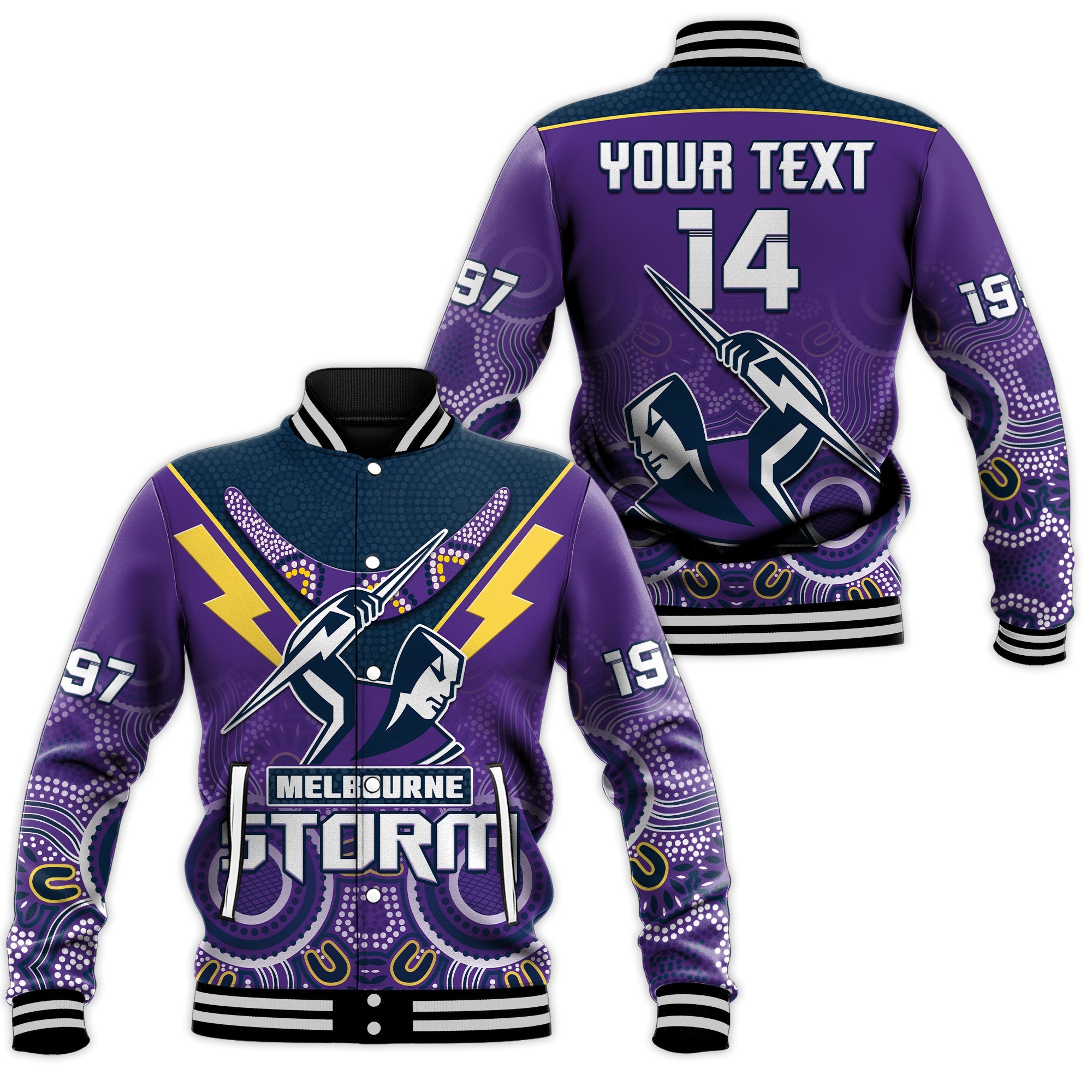 custom-text-and-number-melbourne-storm-rugby-baseball-jacket-indigenous-boomerang-gradient-style