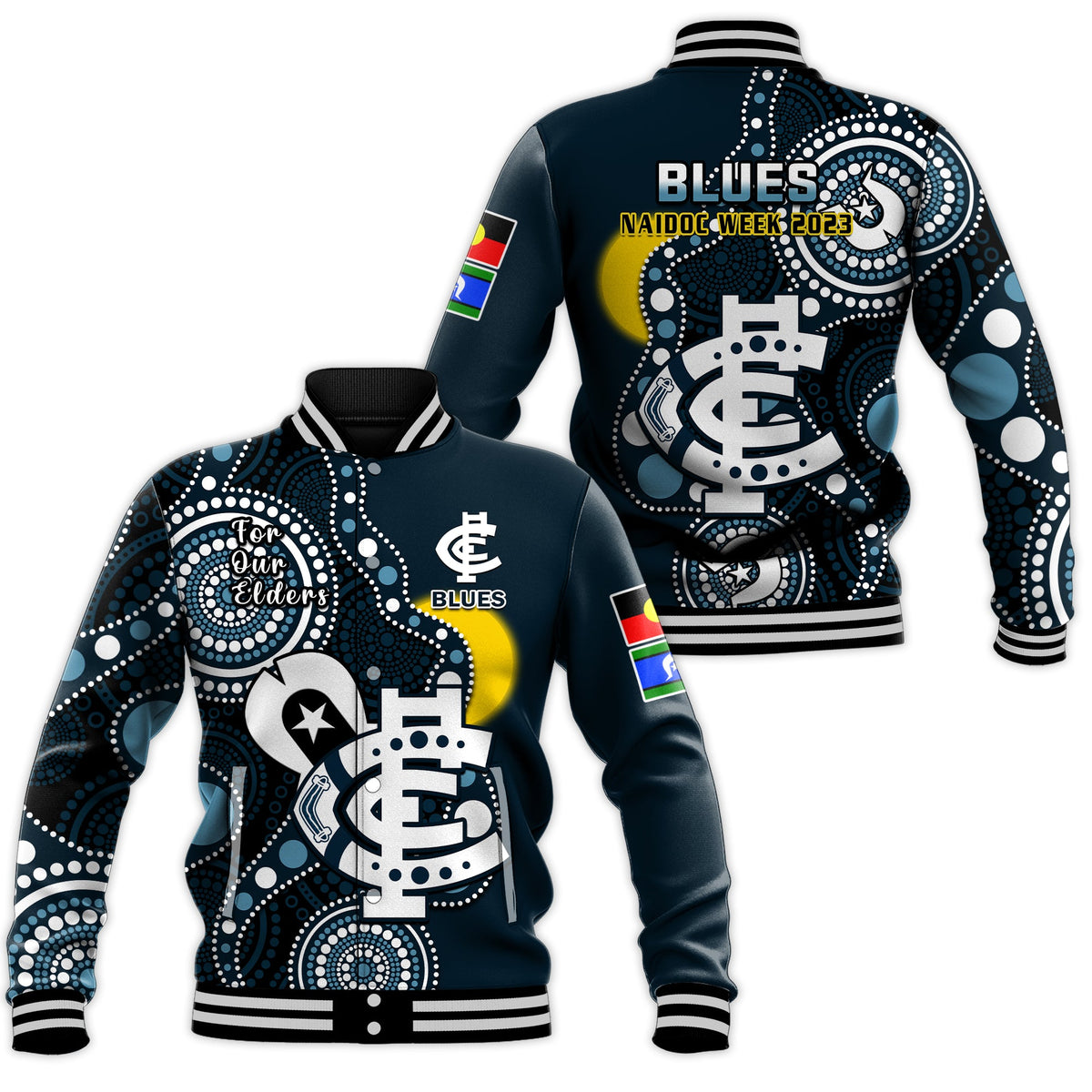 carlton-football-naidoc-2023-baseball-jacket-blues-for-our-elders-indigenous-art