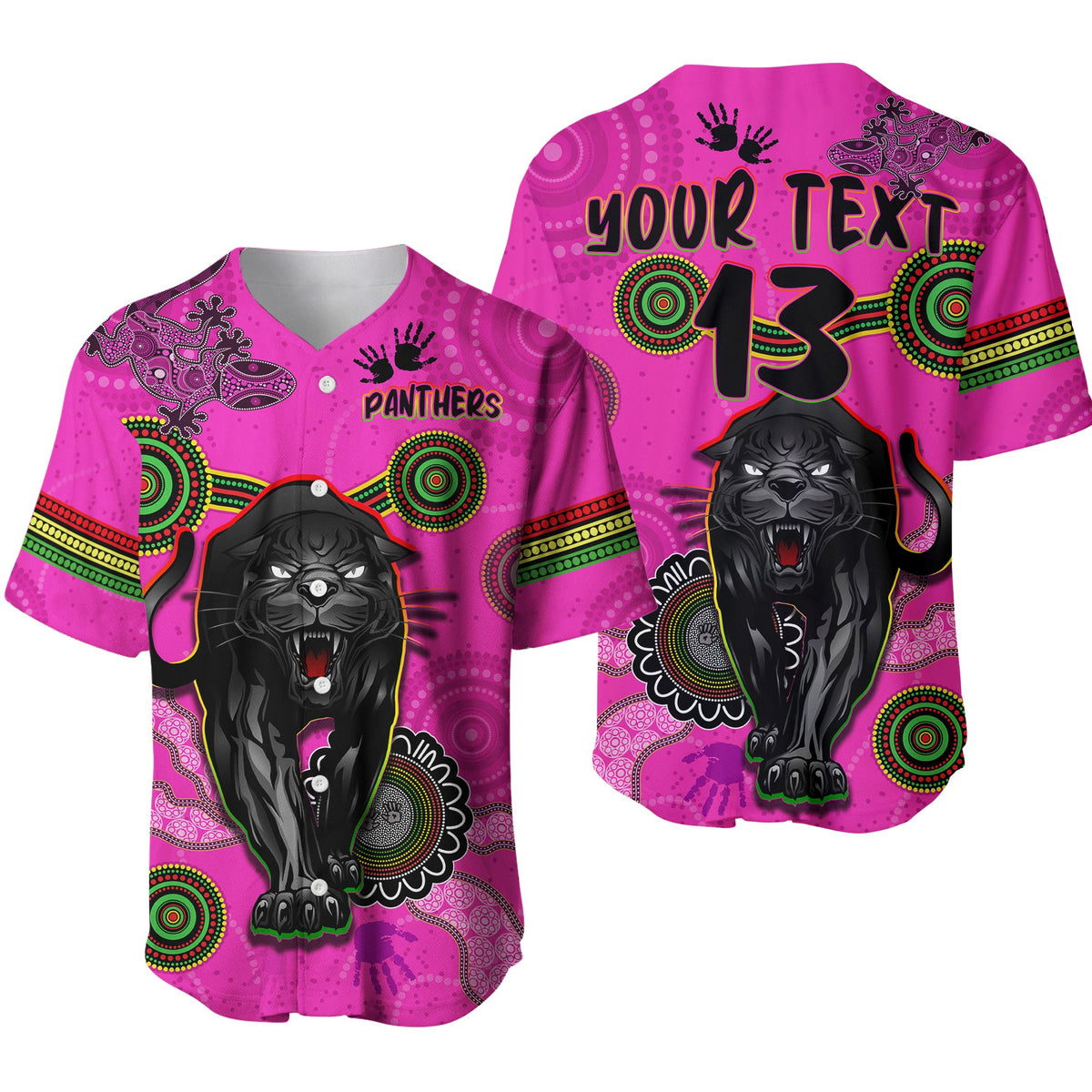 custom-text-and-number-panthers-baseball-jersey-aboriginal-with-lizard