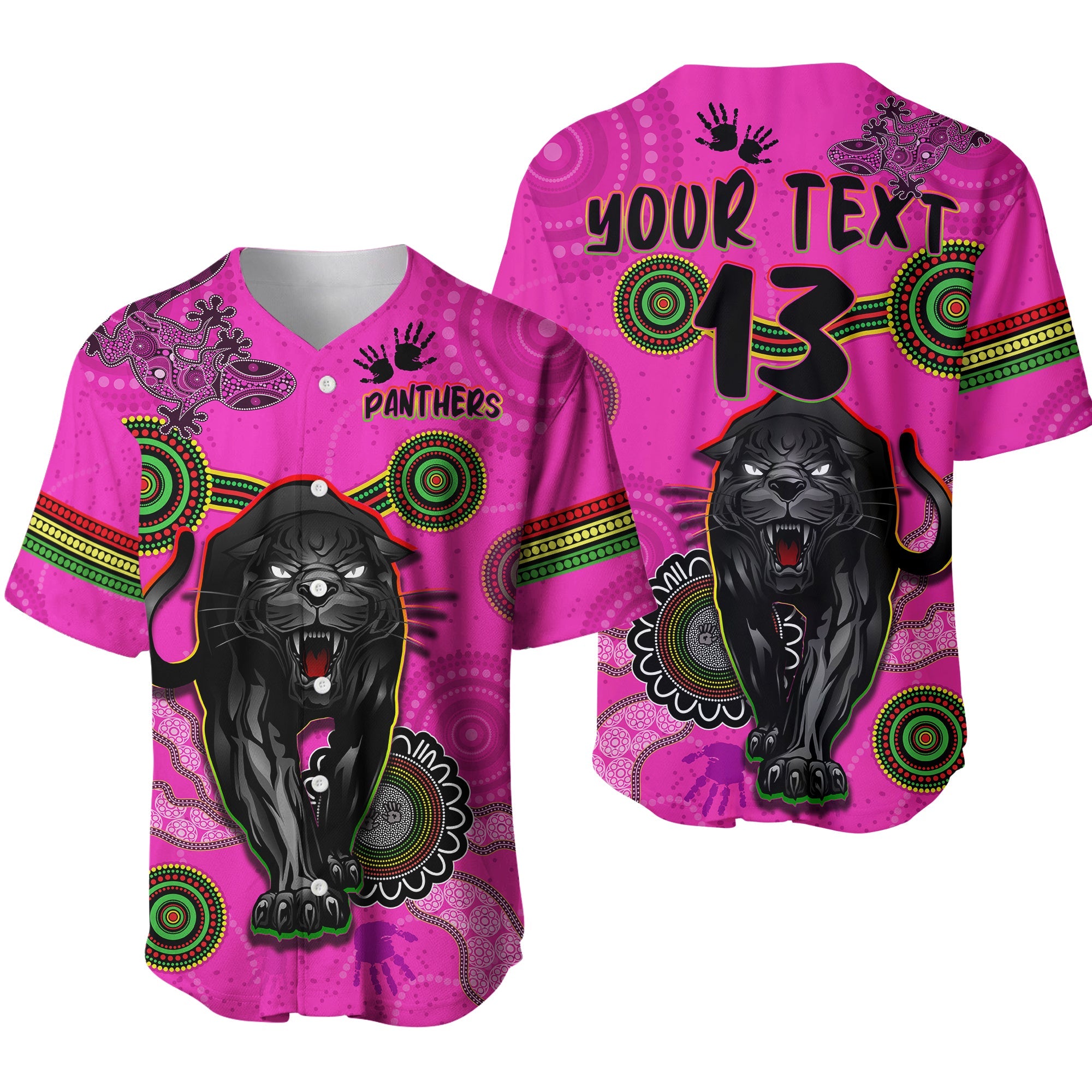 custom-text-and-number-panthers-baseball-jersey-aboriginal-with-lizard