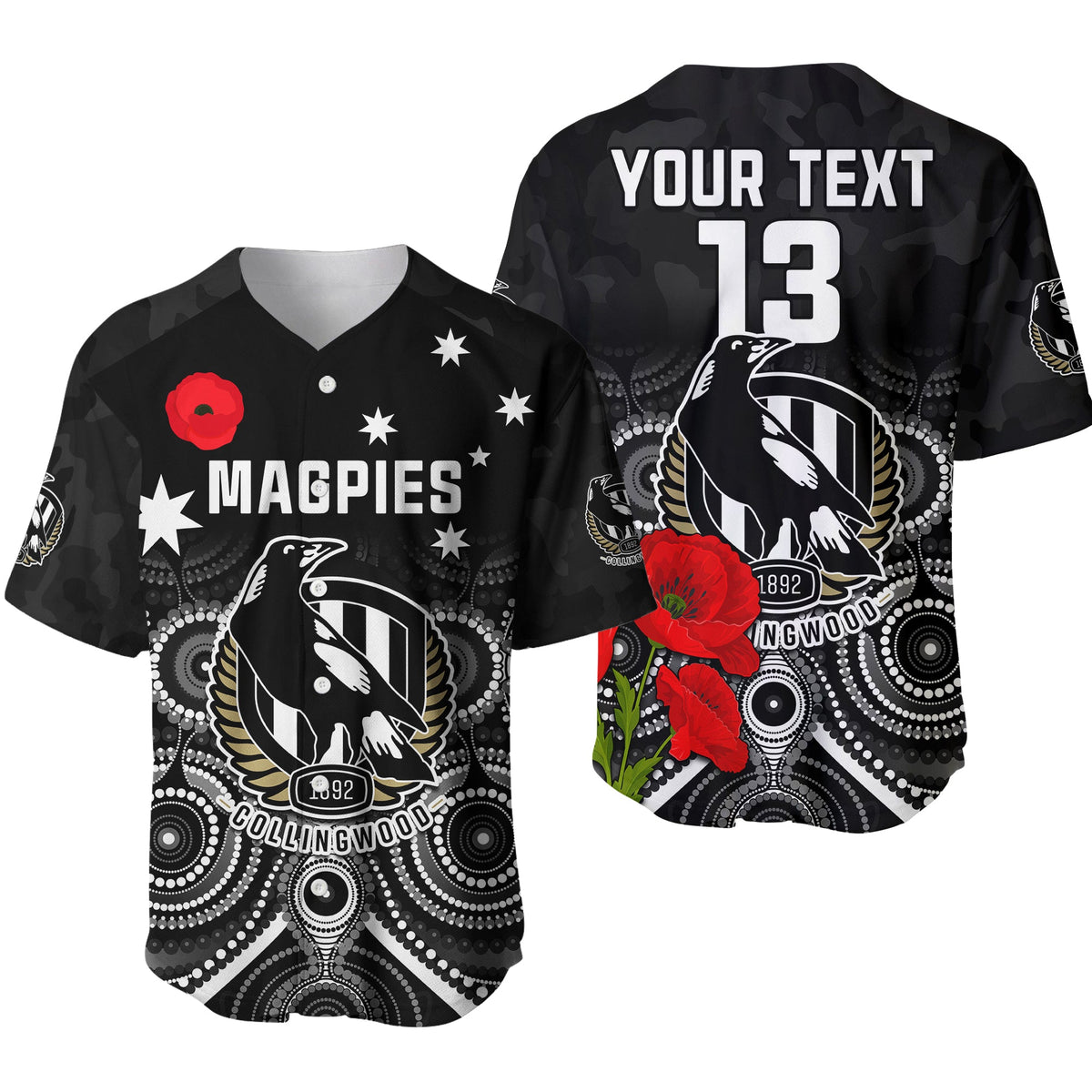 custom-text-and-number-magpies-football-anzac-day-baseball-jersey-aboriginal-poppy-flowers