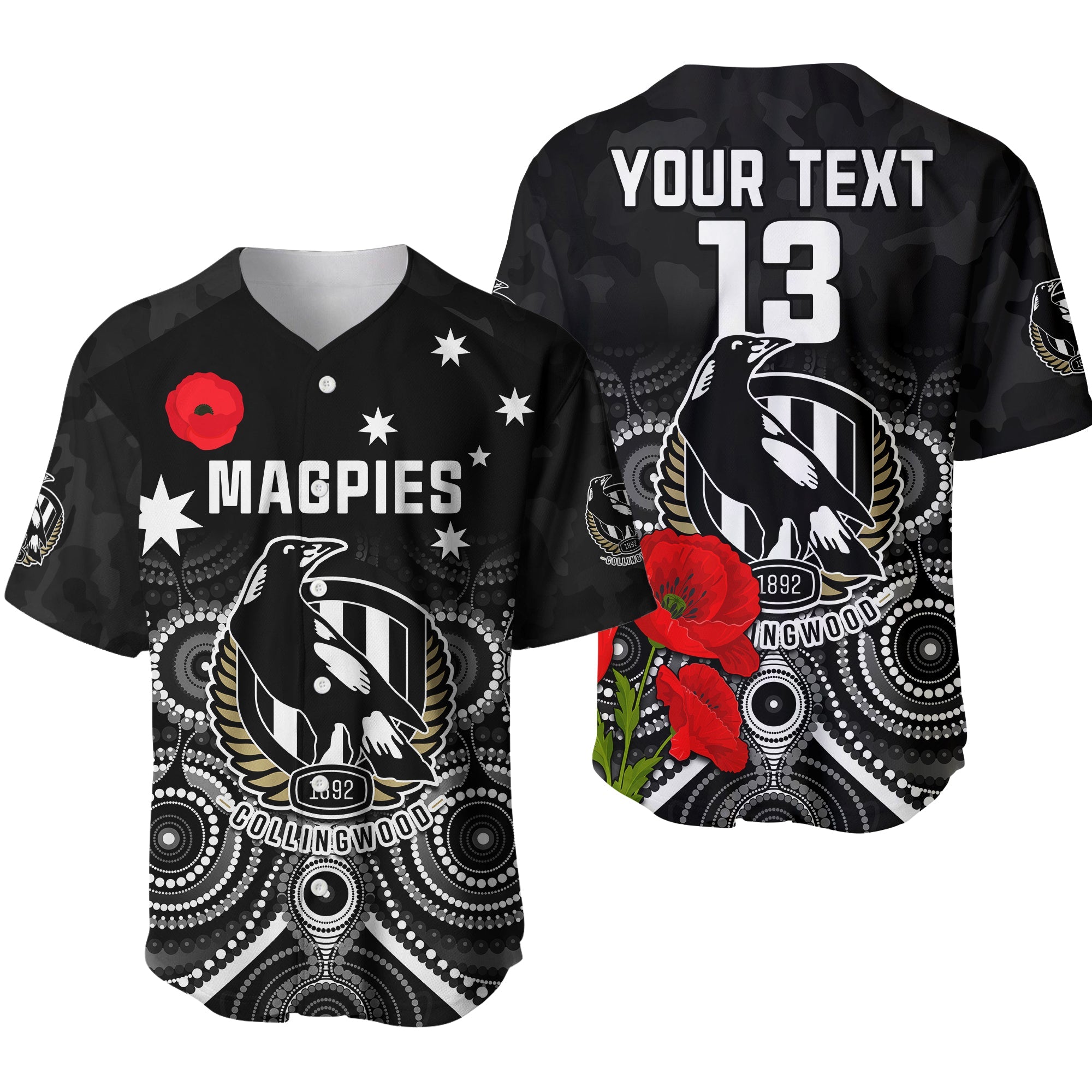 custom-text-and-number-magpies-football-anzac-day-baseball-jersey-aboriginal-poppy-flowers