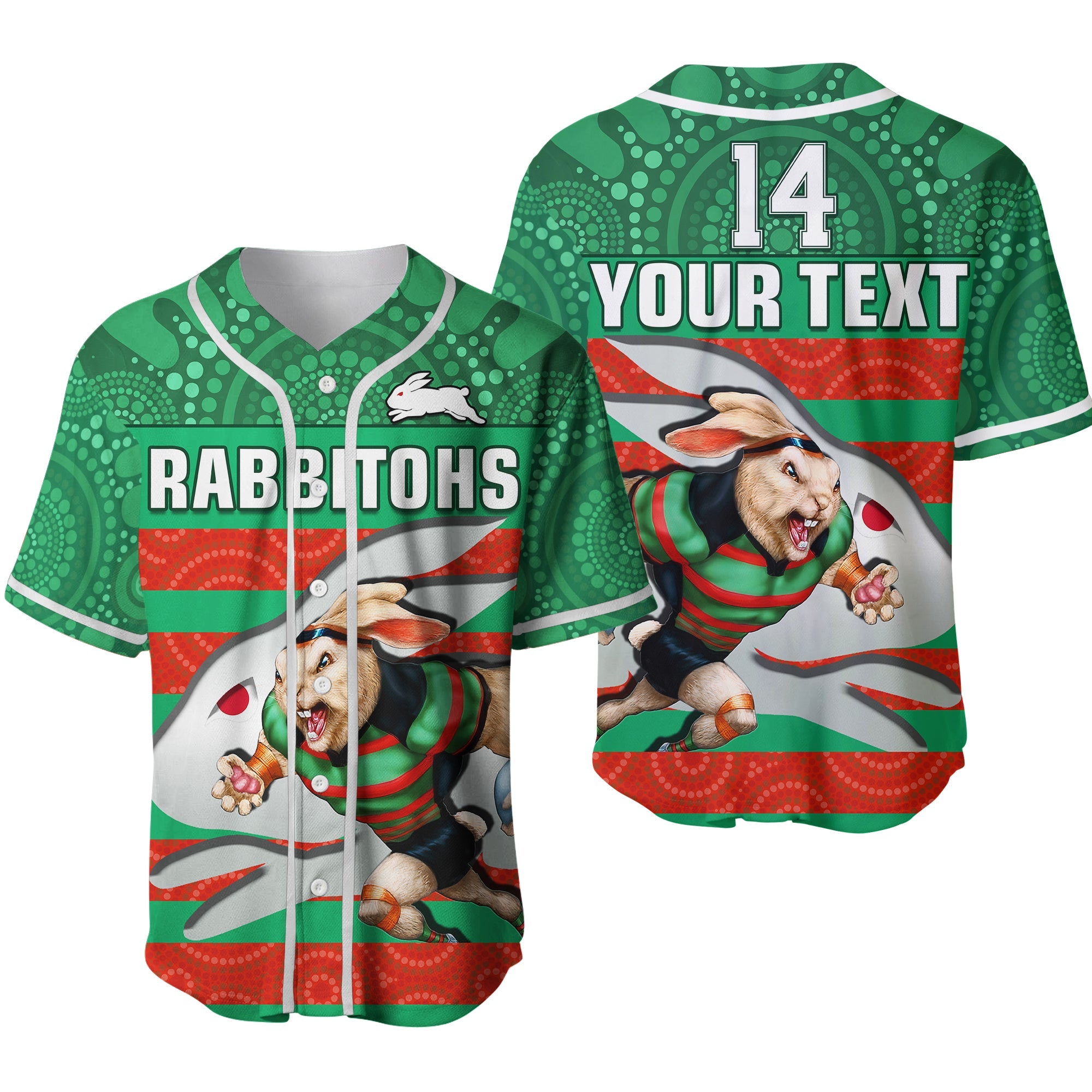 custom-text-and-number-rabbitohs-rugby-baseball-jersey-aboriginal-dot-painting-glory-glory-sporty-style-2