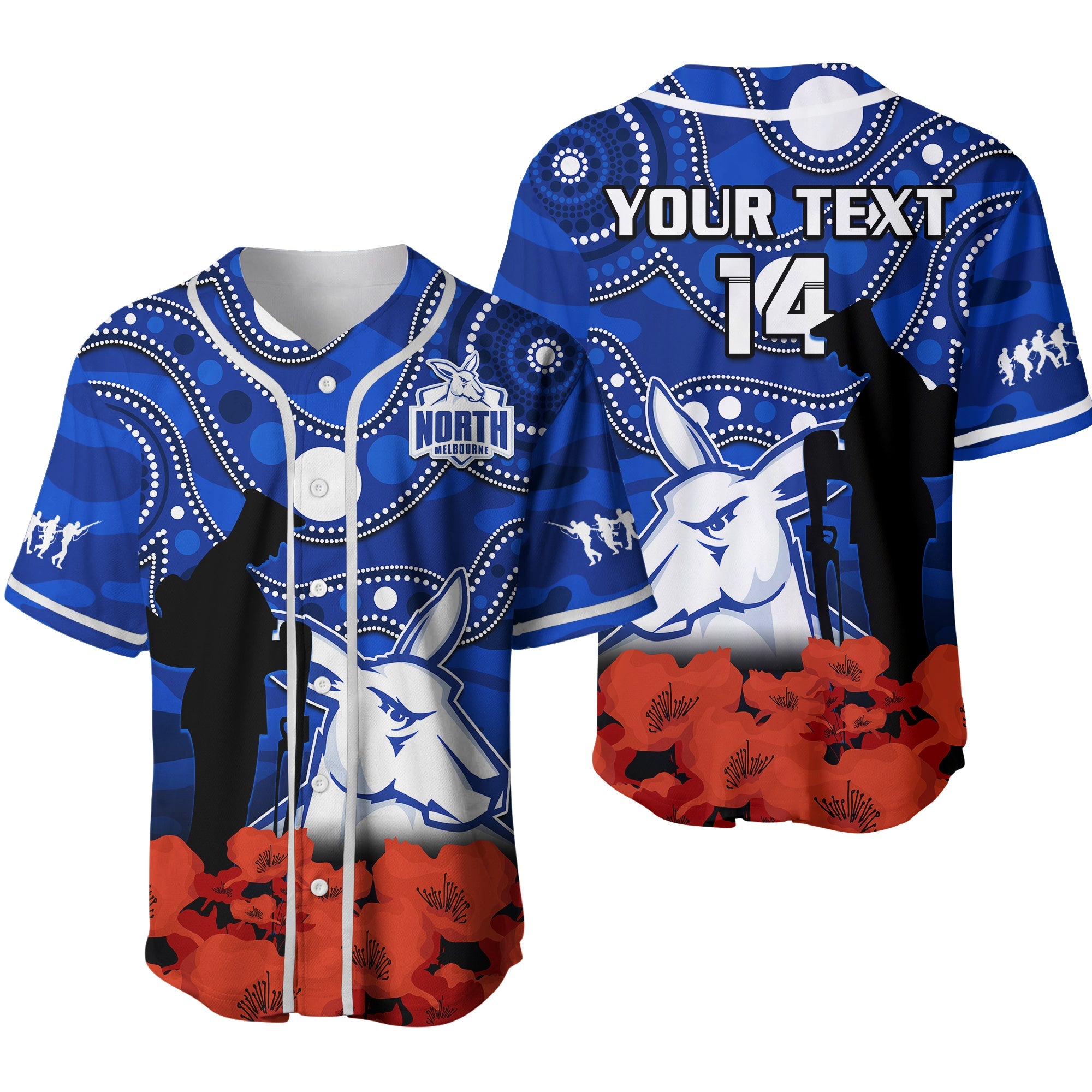custom-text-and-number-north-melbourne-football-anzac-2023-baseball-jersey-kangaroos-aboriginal-mix-poppy-camouflage-ver02