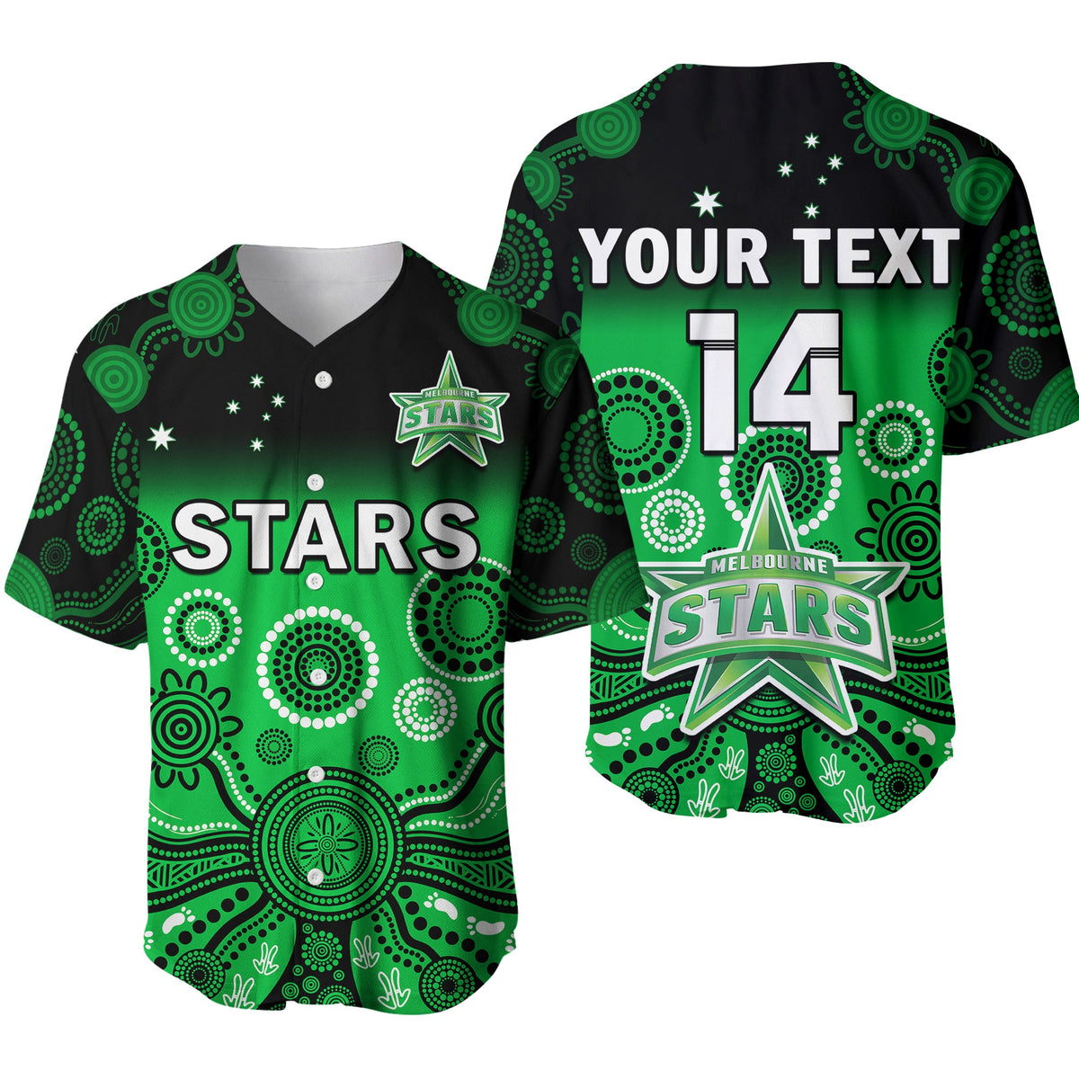custom-text-and-number-stars-cricket-baseball-jersey-melbourne-team-green-gradient-aboriginal-art