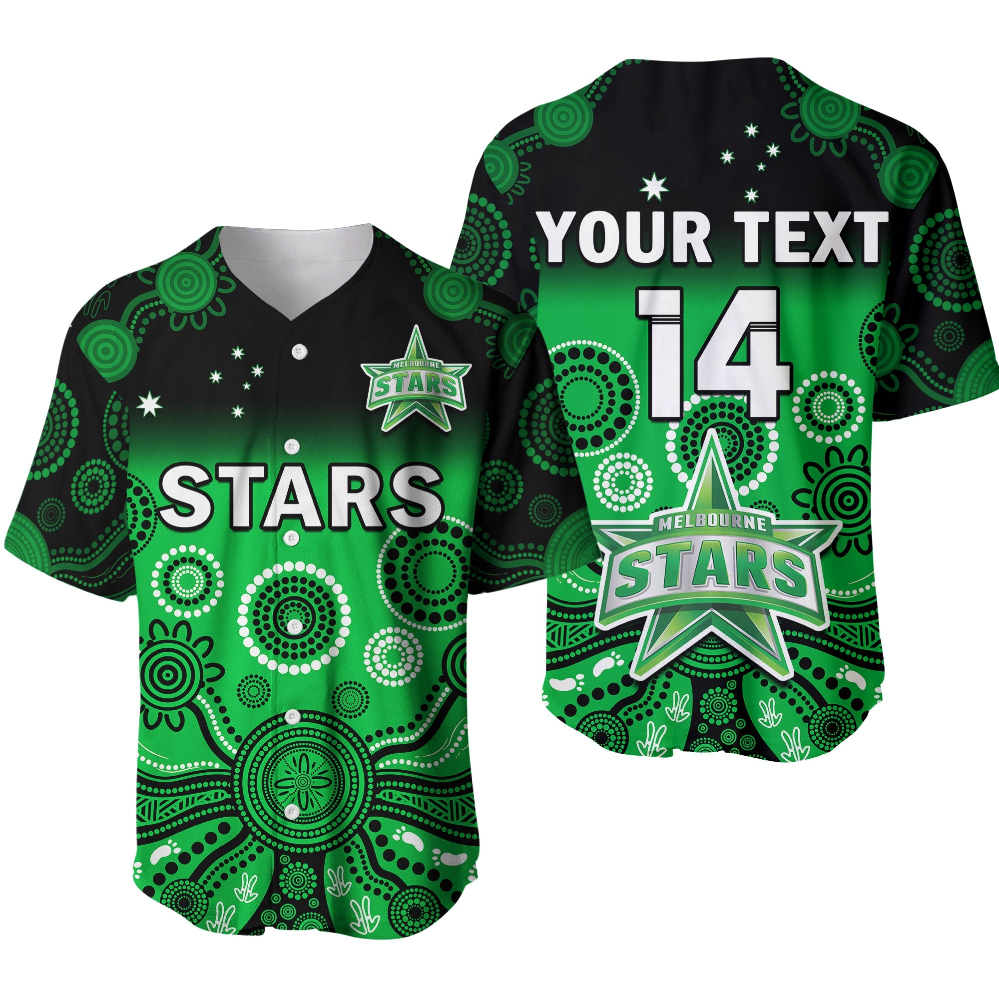 custom-text-and-number-stars-cricket-baseball-jersey-melbourne-team-green-gradient-aboriginal-art