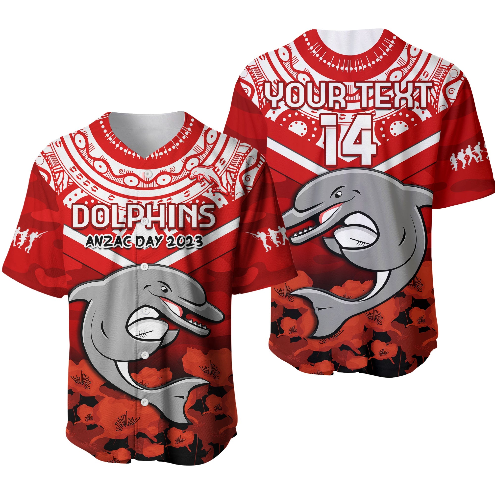 custom-text-and-number-dolphins-rugby-anzac-2023-baseball-baseball-jersey-dots-poppy-mix-camouflage-lest-we-forget-ver01