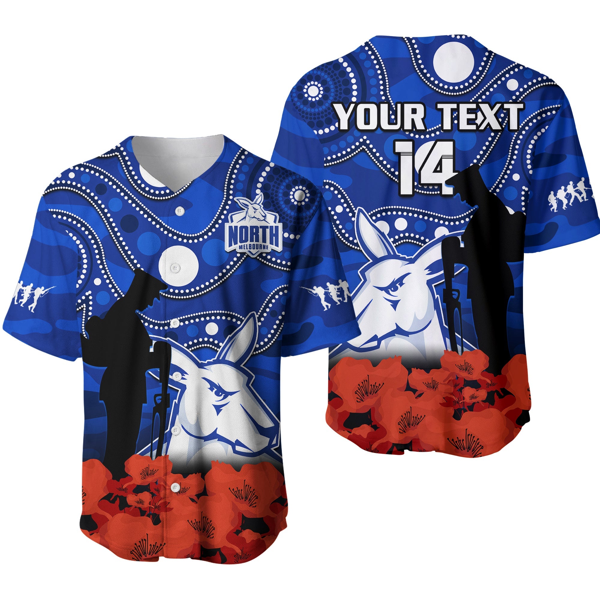 custom-text-and-number-north-melbourne-football-anzac-2023-baseball-jersey-kangaroos-aboriginal-mix-poppy-camouflage-ver01