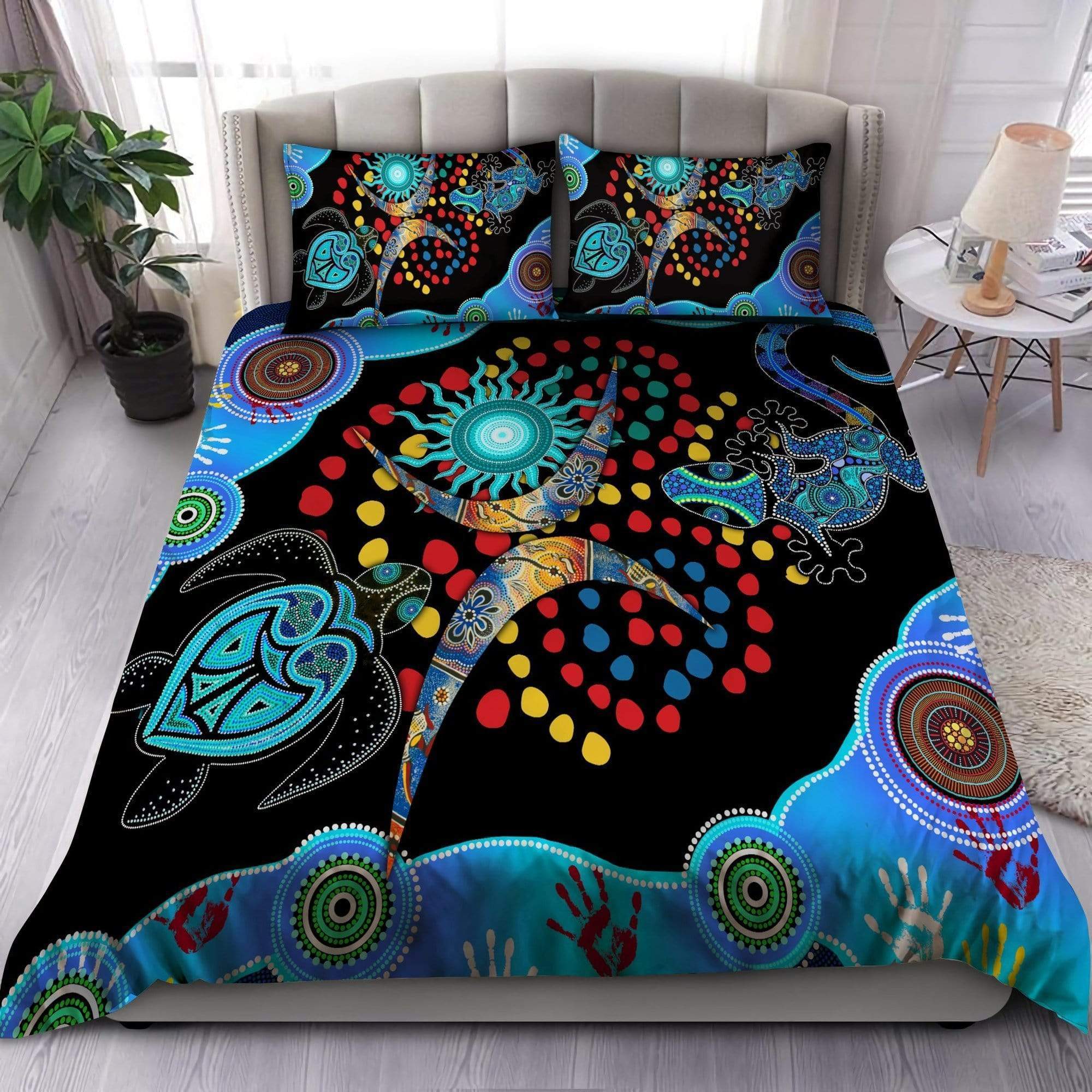 vibe-hoodie-australia-bedding-set-aboriginal-naidoc-week-blue-turtle-lizard