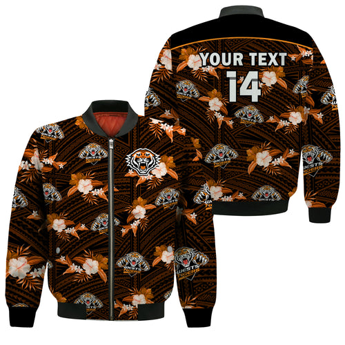 (Custom Text And Number) Wests Tigers Rugby Bomber Jacket Polynesian Tribal Mix Tropical Hawaiian Style LT14