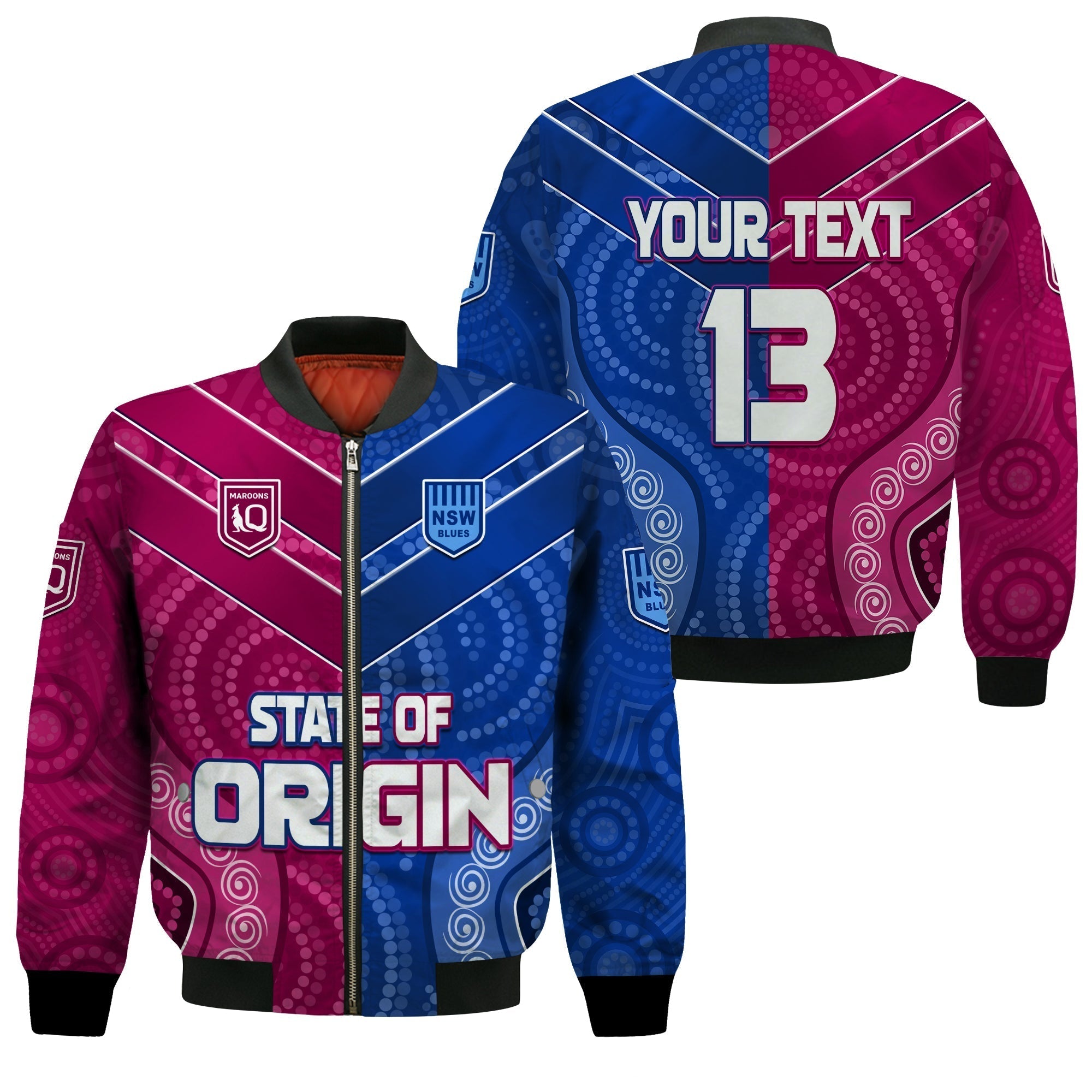 custom-text-and-number-blues-and-maroons-rugby-bomber-jacket-origin-nsw-combine-queensland-aboriginal-australian-lt13