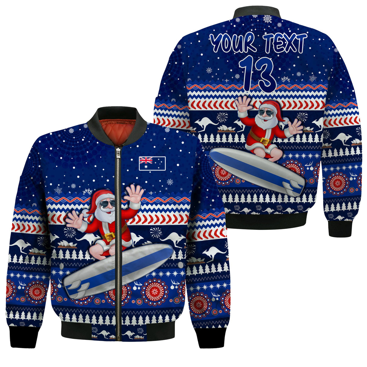 custom-text-and-number-australia-christmas-bomber-jacket-aussie-aboriginal-santa-claus-is-surfing-with-kangaroo