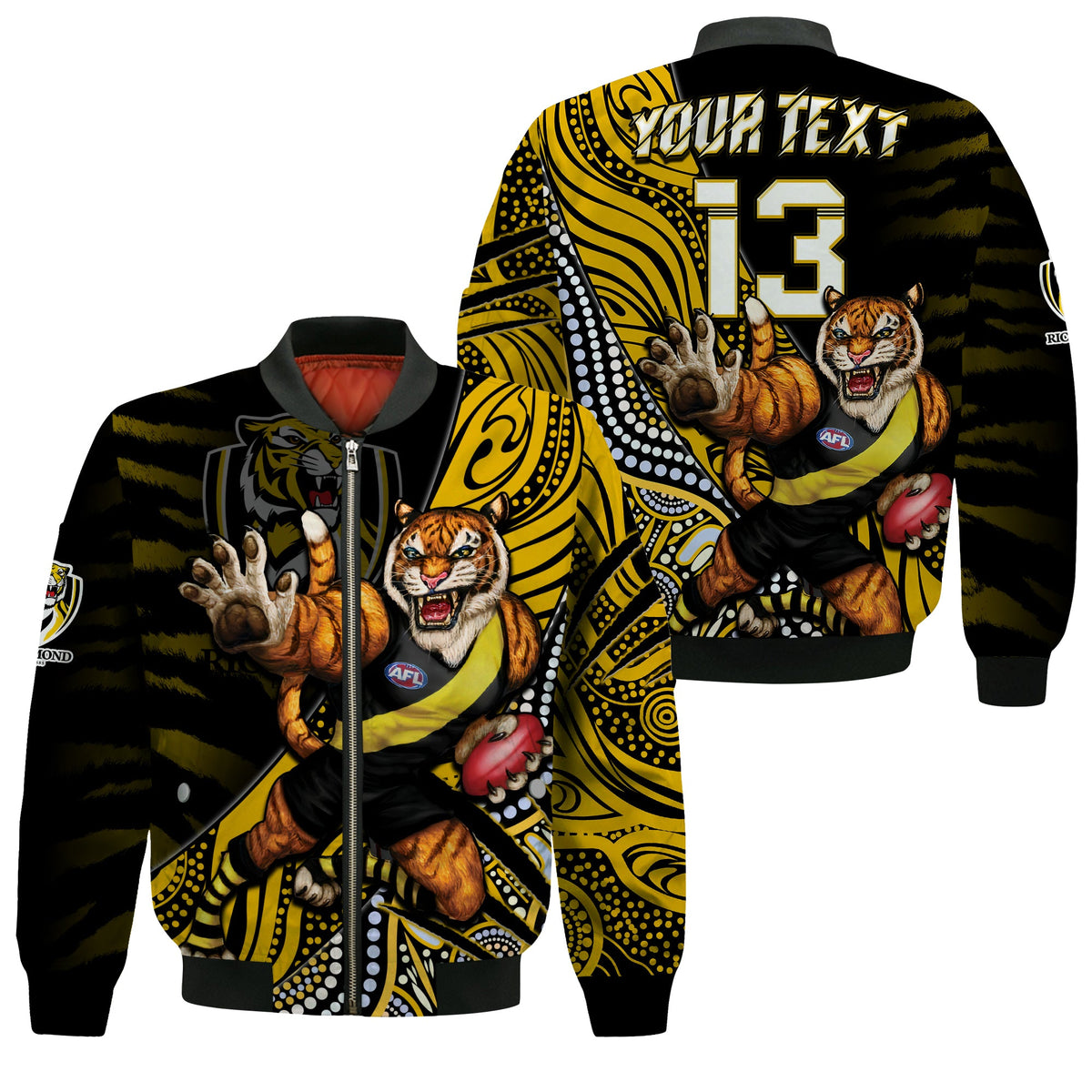 custom-text-and-number-richmond-football-bomber-jacket-aboriginal-go-the-tigers-mascot