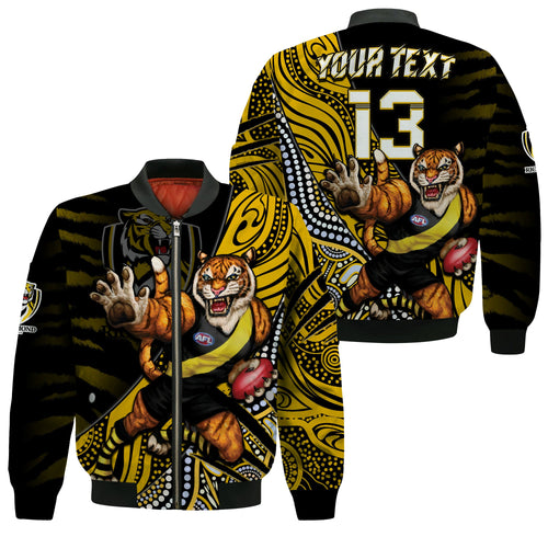 custom-text-and-number-richmond-football-bomber-jacket-aboriginal-go-the-tigers-mascot