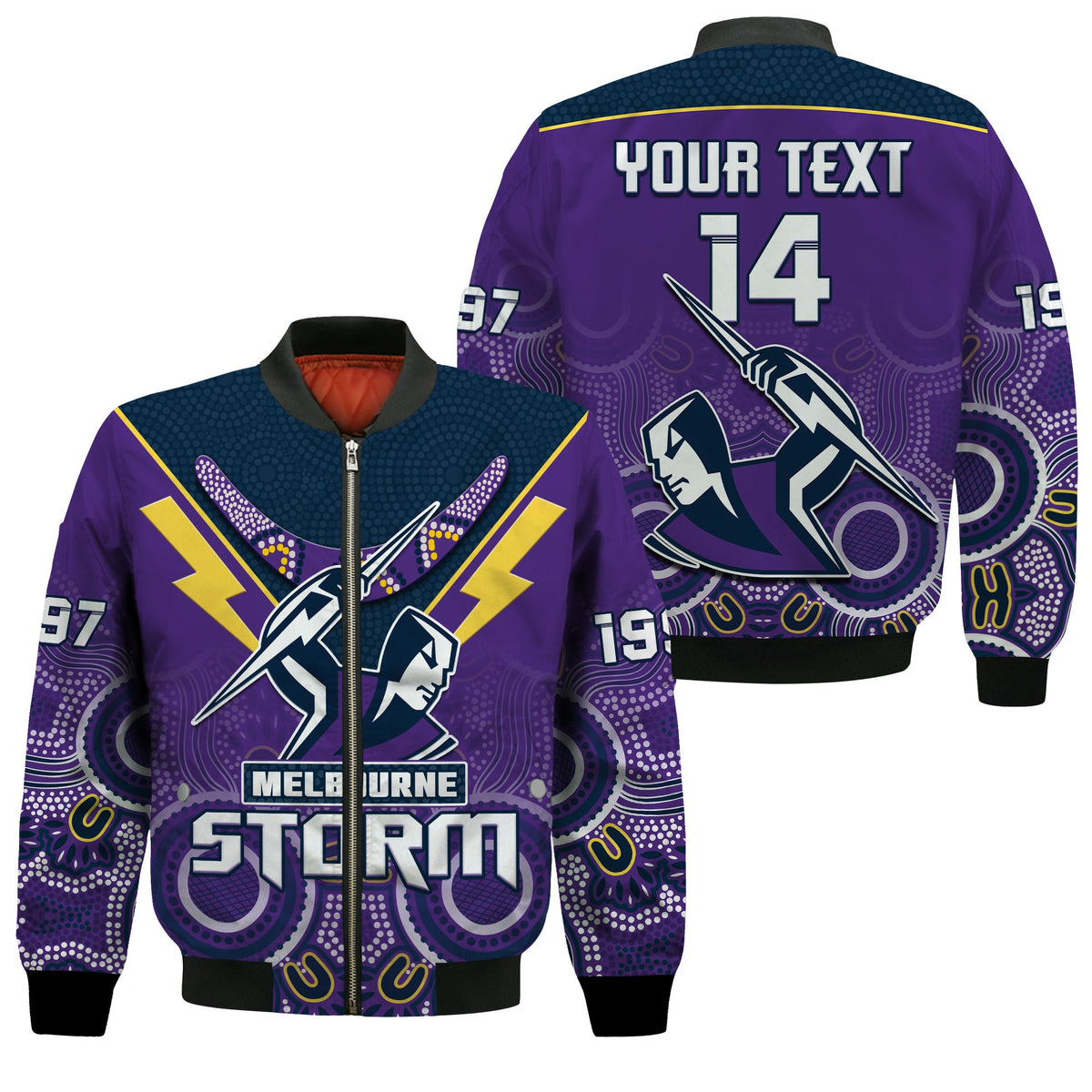 custom-text-and-number-melbourne-storm-rugby-bomber-jacket-indigenous-boomerang-gradient-style
