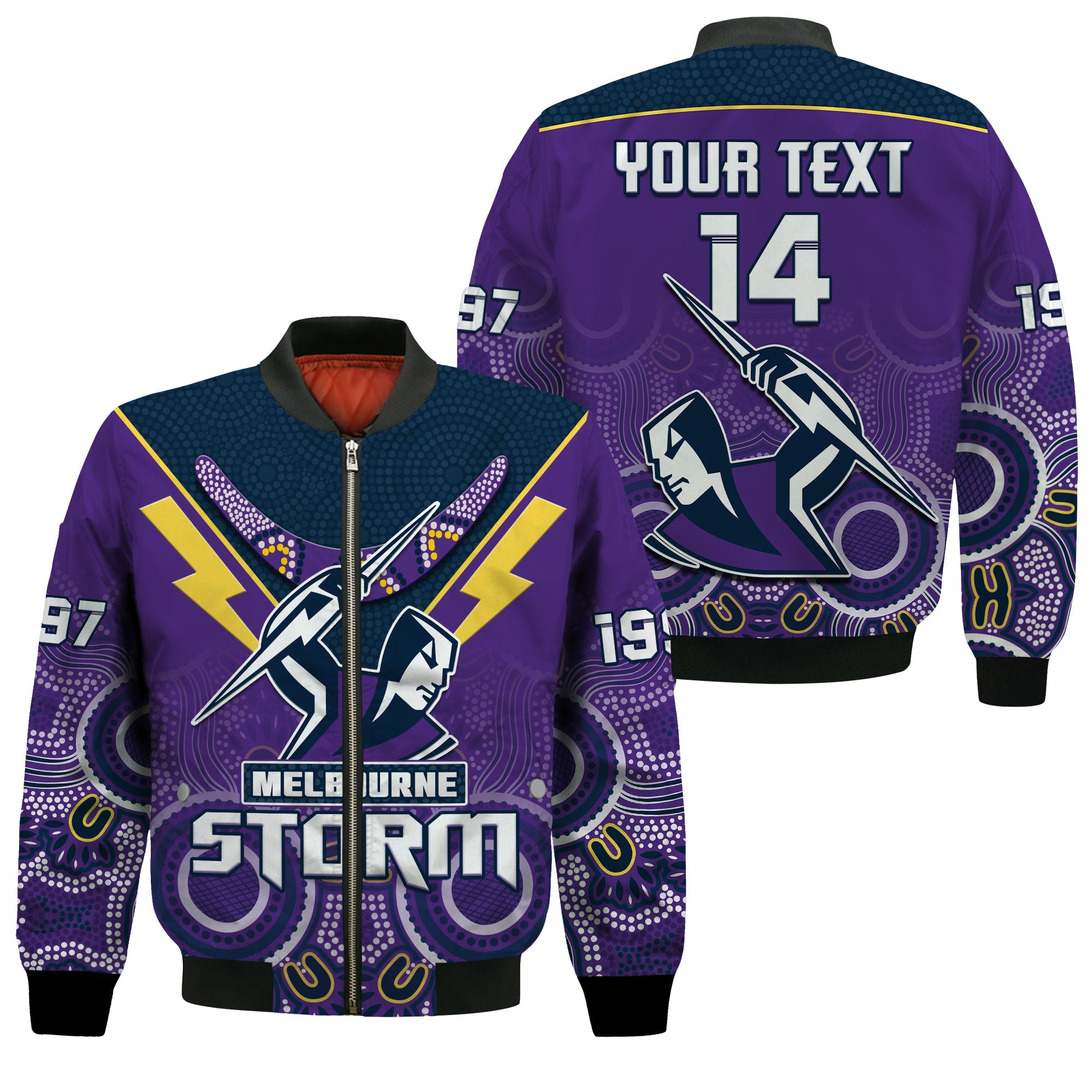 custom-text-and-number-melbourne-storm-rugby-bomber-jacket-indigenous-boomerang-gradient-style