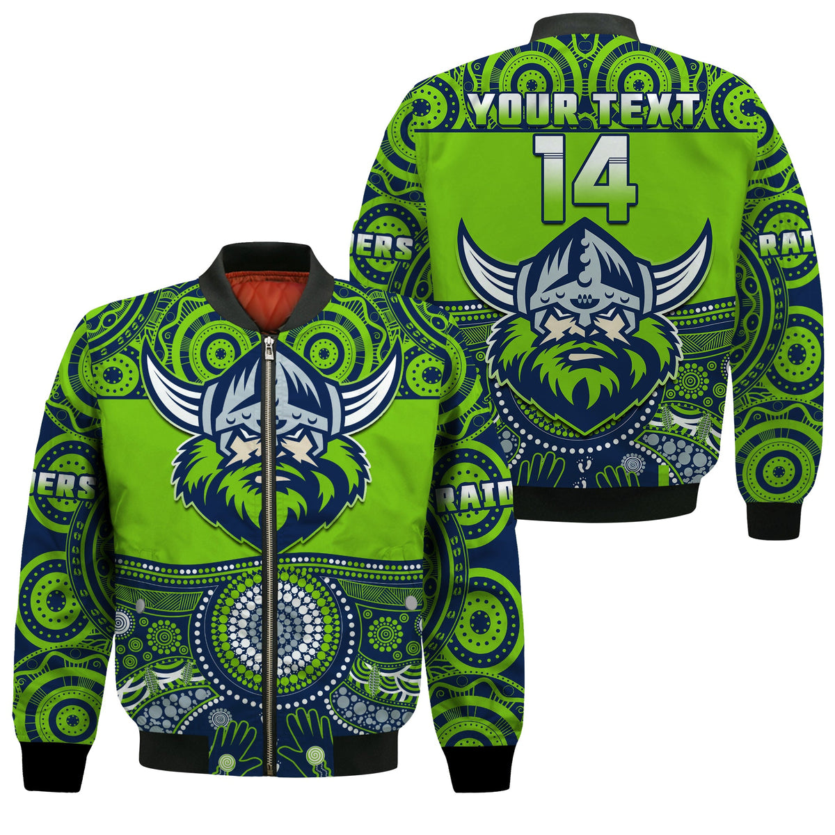 custom-text-and-number-raiders-rugby-bomber-jacket-aboriginal-pattern