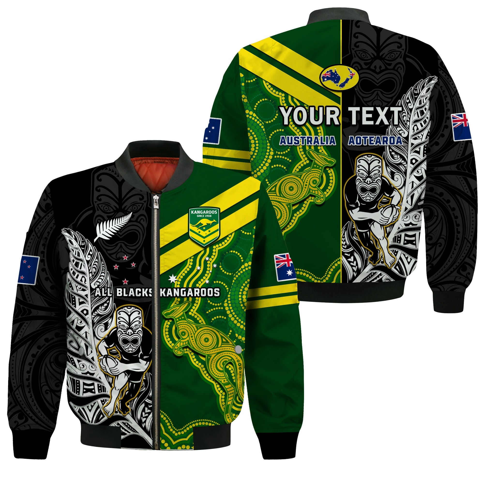custom-personalised-australia-kangaroos-and-all-black-rugby-bomber-jacket-aboriginal-mix-nz-maori-fern