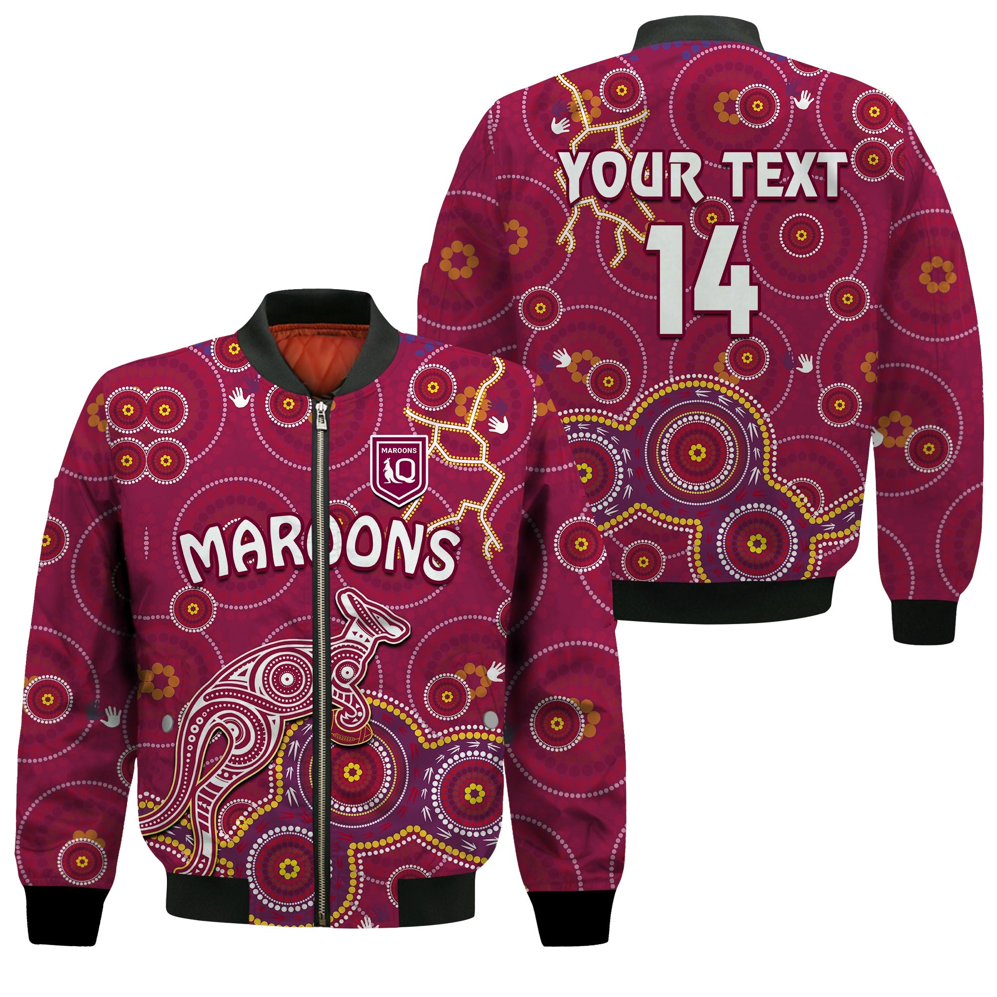 custom-text-and-number-maroons-rugby-bomber-jacket-kangaroo-indigenous-pattern-unique-version