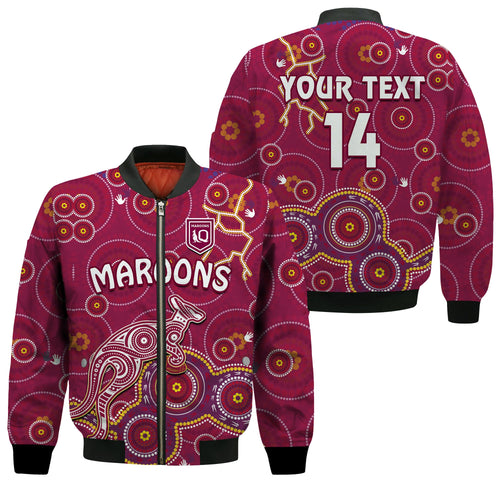 custom-text-and-number-maroons-rugby-bomber-jacket-kangaroo-indigenous-pattern-unique-version